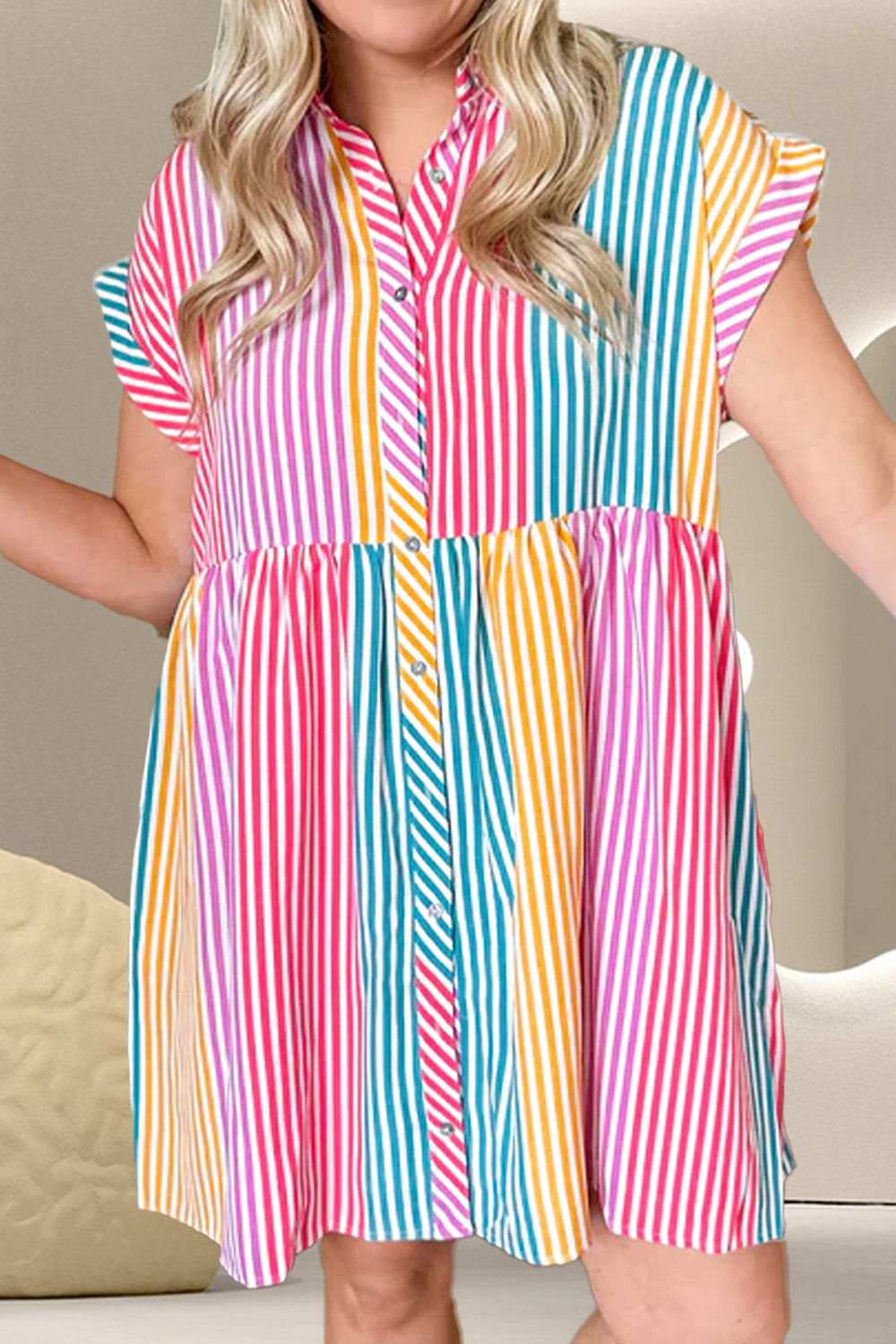 Striped Collared Neck Cap Sleeve Mini Dress-TOPS / DRESSES-[Adult]-[Female]-Stripe-S-2022 Online Blue Zone Planet