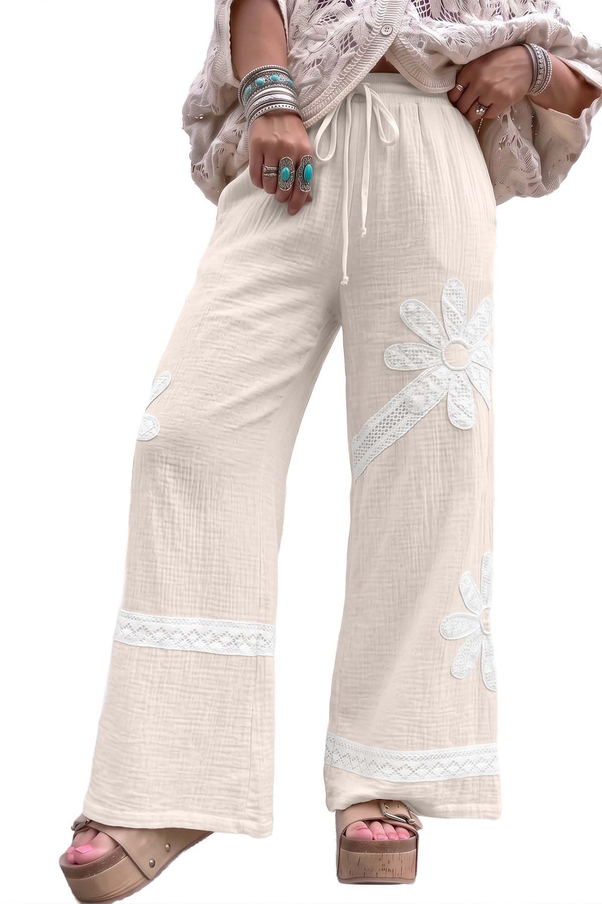 White Floral Lace Patchwork Boho Wide Leg Casual Pants-Bottoms/Pants & Culotte-[Adult]-[Female]-2022 Online Blue Zone Planet