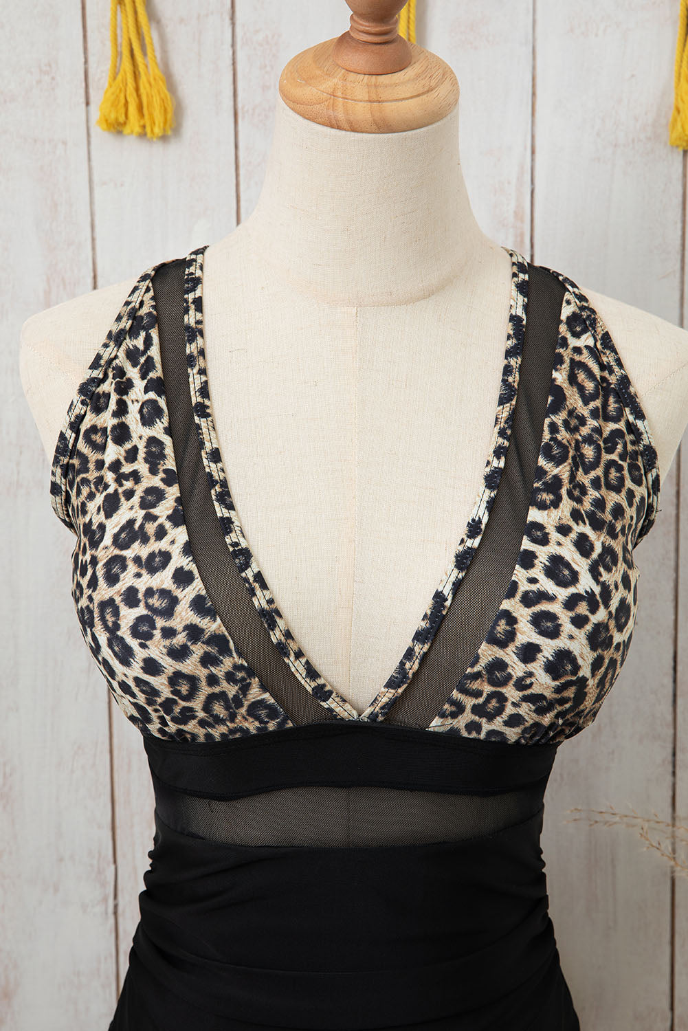 Brown Leopard Mesh Insert V Neck High Waist Monokini Blue Zone Planet