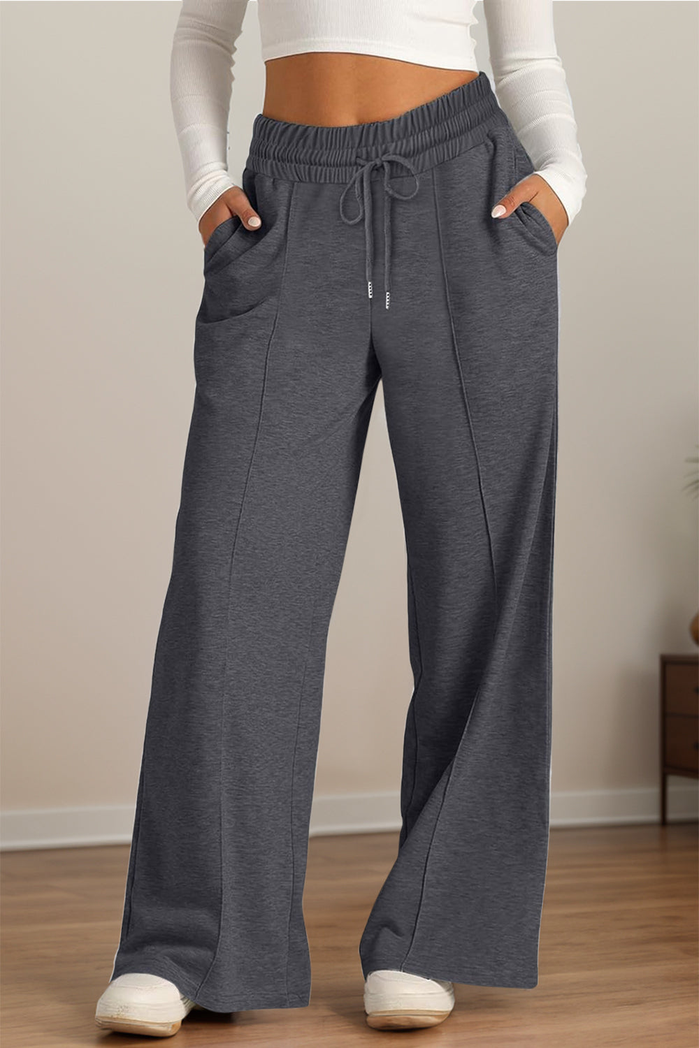 Drawstring Elastic Waist Wide Leg Pants-BOTTOMS SIZES SMALL MEDIUM LARGE-[Adult]-[Female]-Dark Gray-S-2022 Online Blue Zone Planet