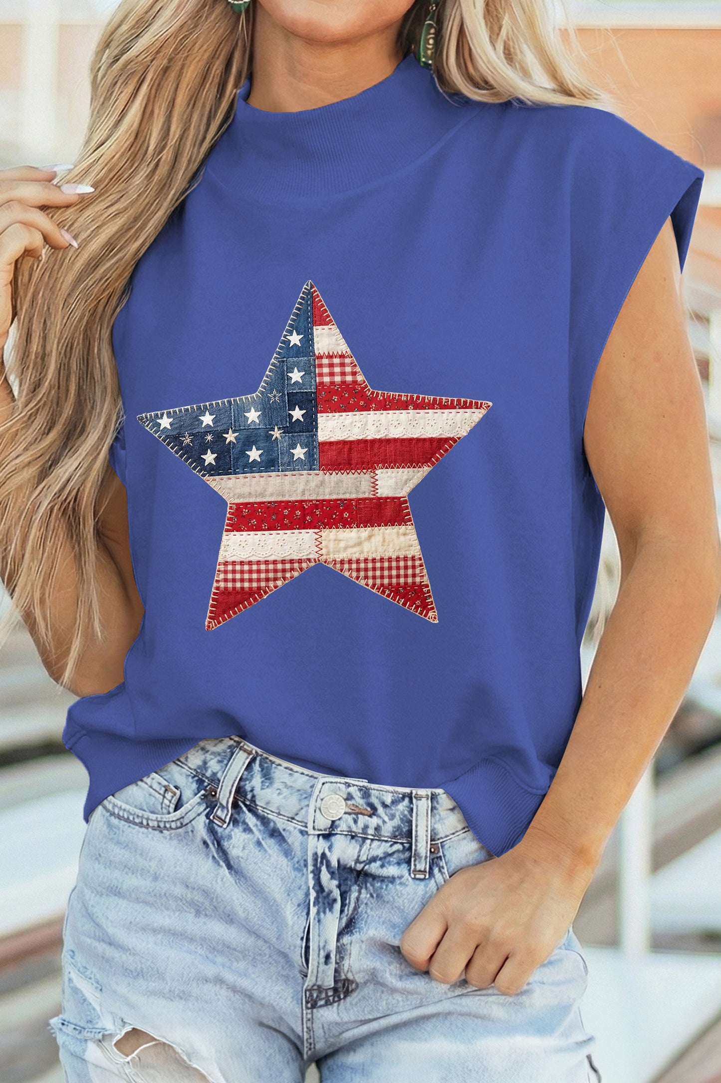 Sky Blue Faux Patchwork Patriotic Star Printed High Neck Top-Graphic/Graphic Tees-[Adult]-[Female]-Sky Blue-S-2022 Online Blue Zone Planet
