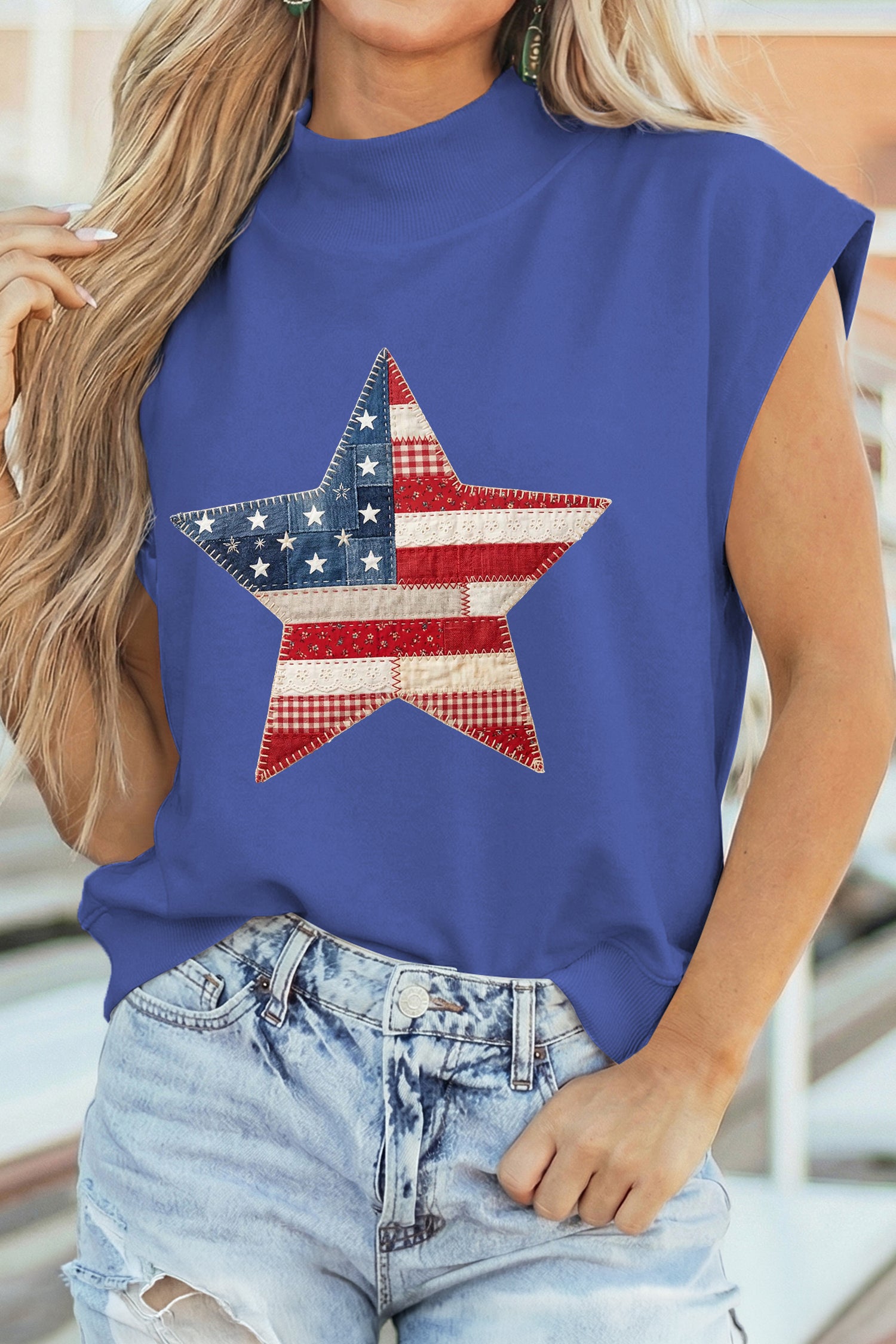 Sky Blue Faux Patchwork Patriotic Star Printed High Neck Top-Graphic/Graphic Tees-[Adult]-[Female]-Sky Blue-S-2022 Online Blue Zone Planet