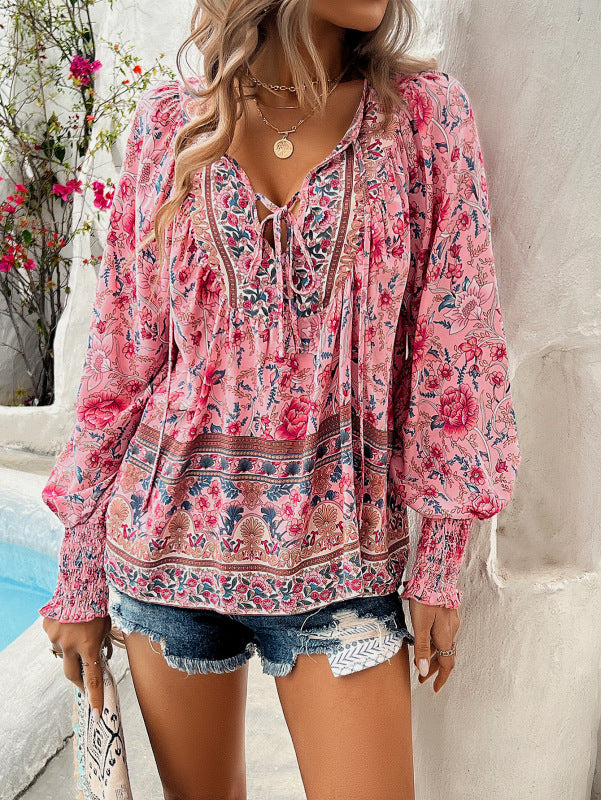 Casual holiday print long-sleeved T-shirt top shirt-[Adult]-[Female]-Pink-S-2022 Online Blue Zone Planet