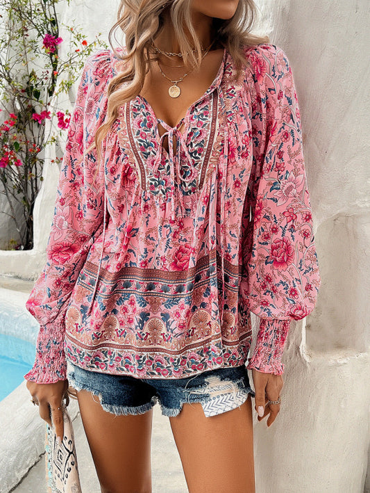 Casual holiday print long-sleeved T-shirt top shirt-[Adult]-[Female]-Pink-S-2022 Online Blue Zone Planet