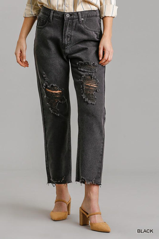 5 Pockets Non-stretch Straight Cut Distressed Denim Jeans With Raw Hem Blue Zone Planet