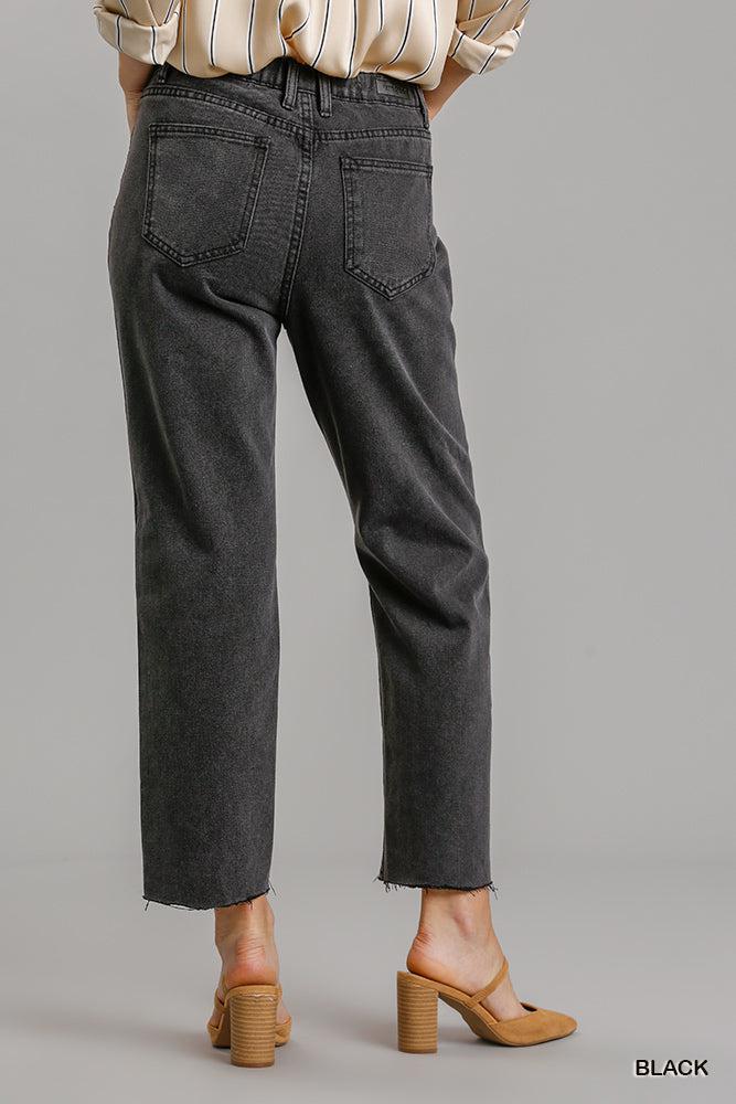 5 Pockets Non-stretch Straight Cut Distressed Denim Jeans With Raw Hem Blue Zone Planet