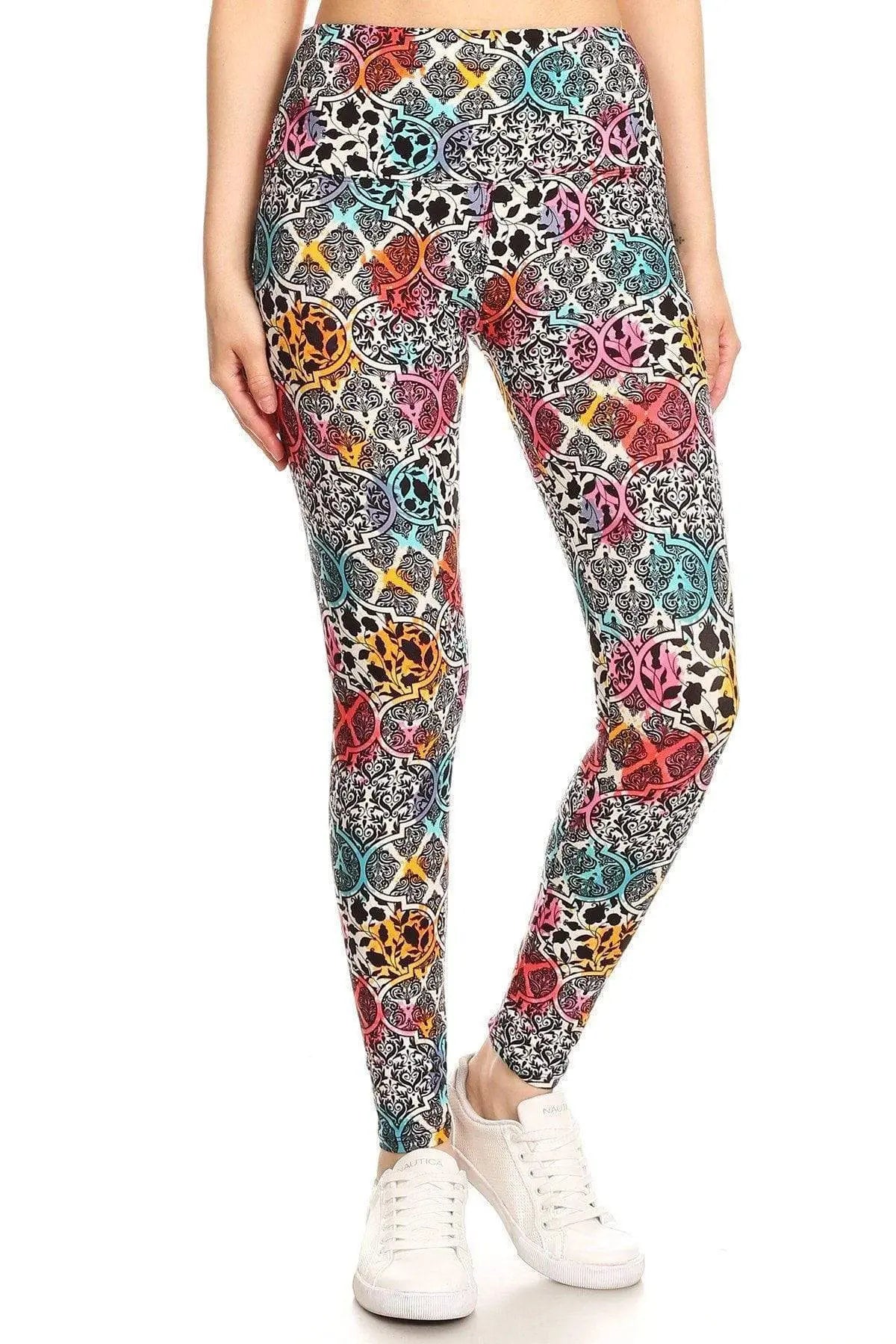 5-inch Long Yoga Style Banded Lined Damask Pattern Printed Knit Legging With High Waist Blue Zone Planet