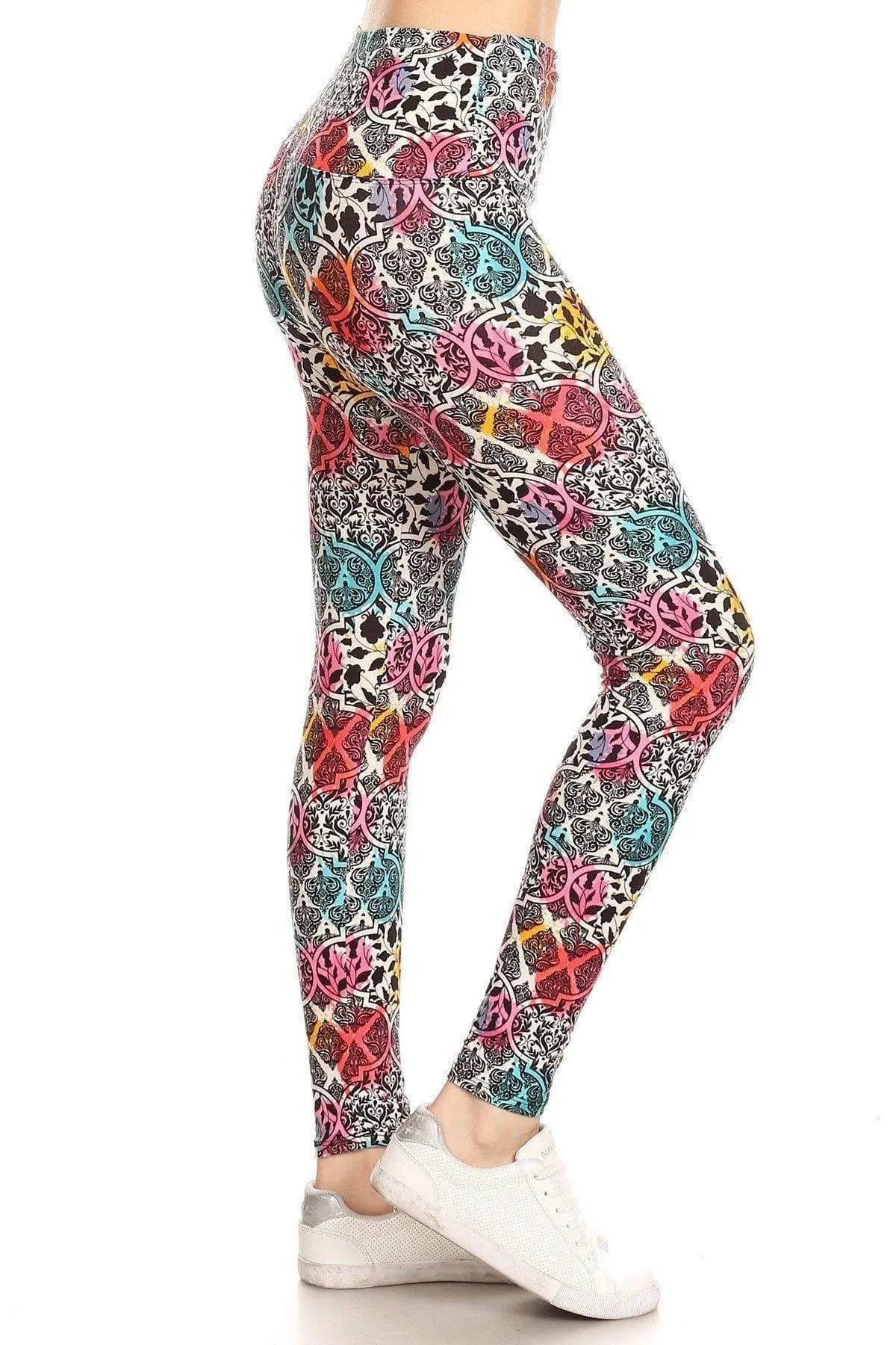 5-inch Long Yoga Style Banded Lined Damask Pattern Printed Knit Legging With High Waist Blue Zone Planet
