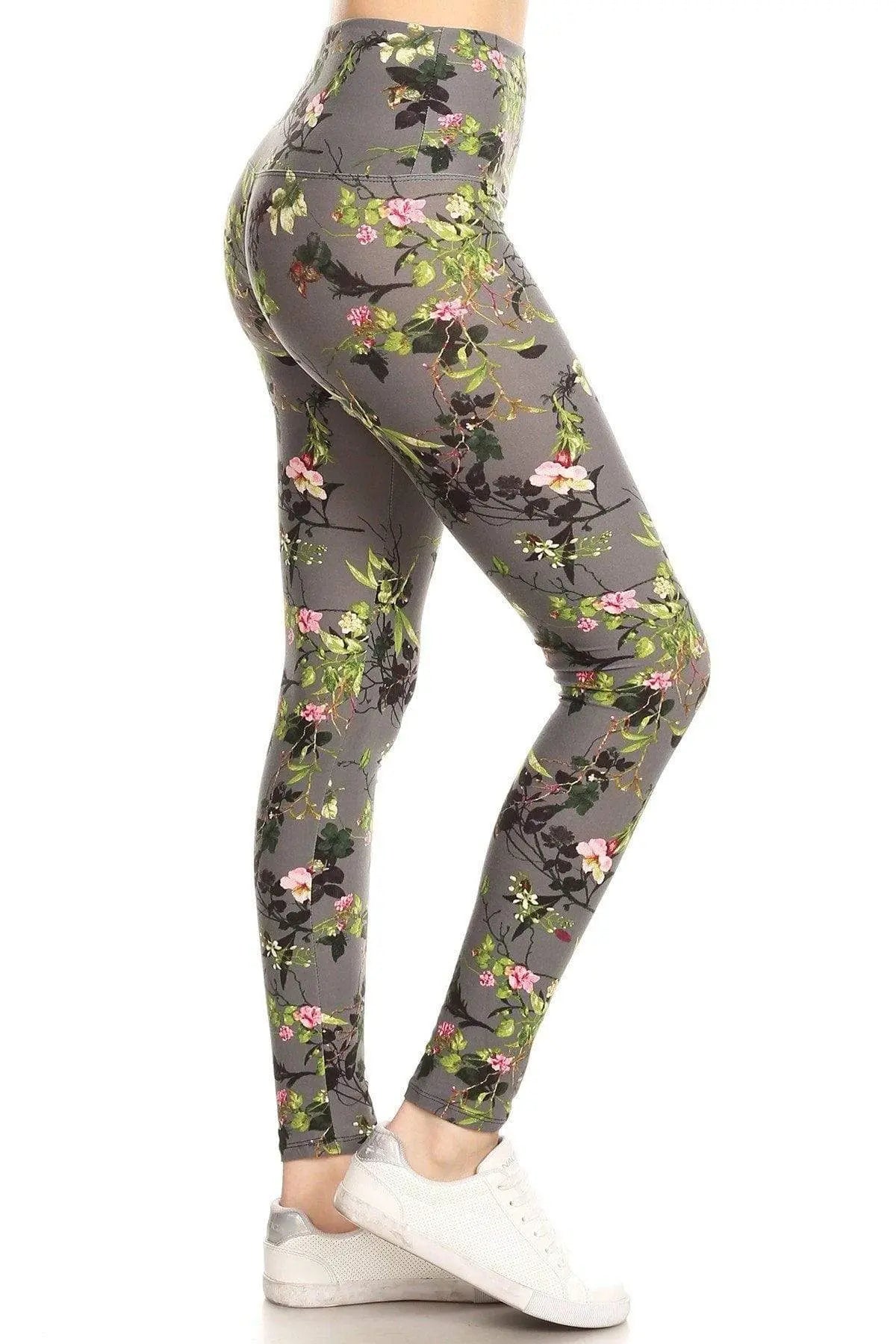 5-inch Long Yoga Style Banded Lined Floral Printed Knit Legging With High Waist Blue Zone Planet