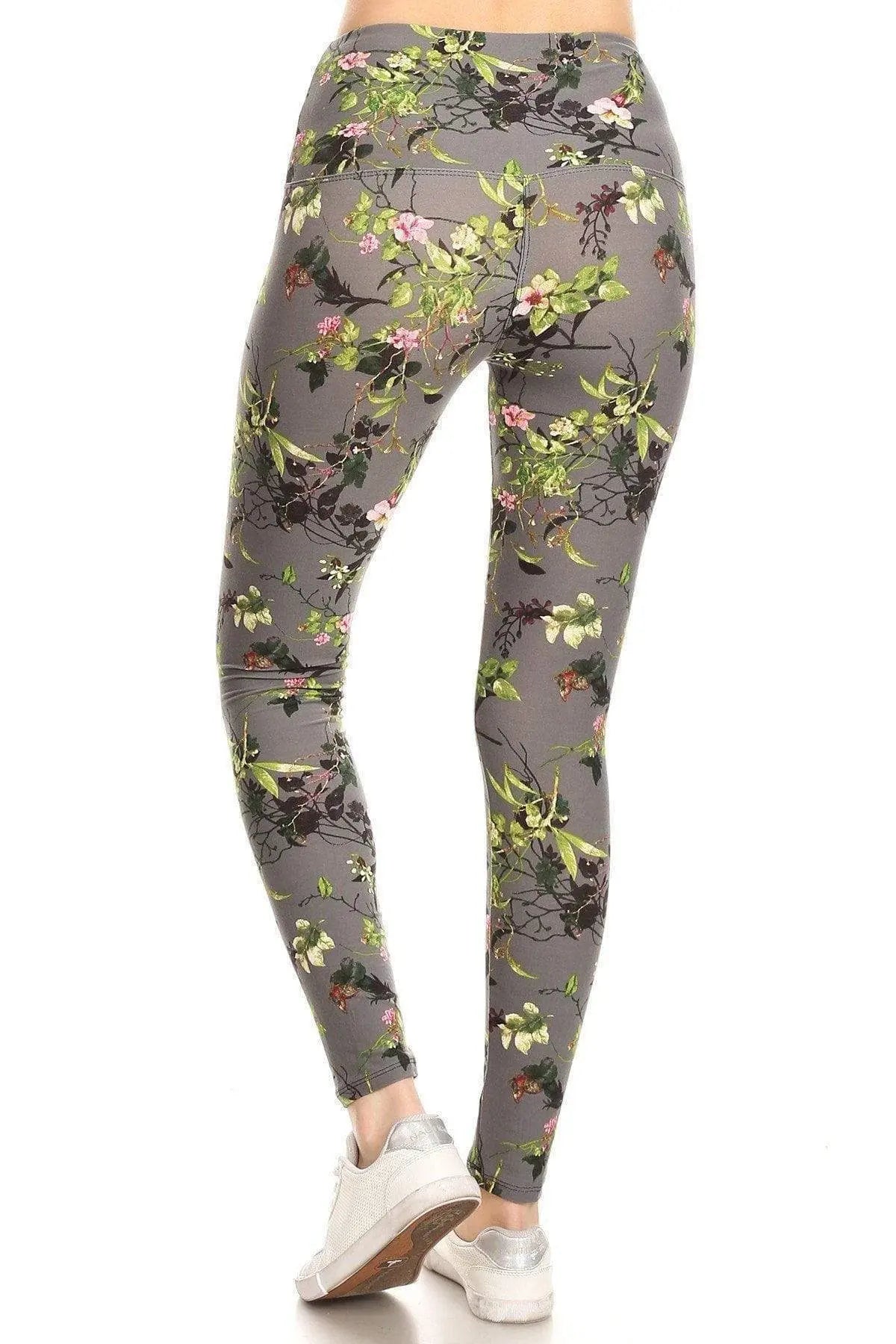 5-inch Long Yoga Style Banded Lined Floral Printed Knit Legging With High Waist Blue Zone Planet