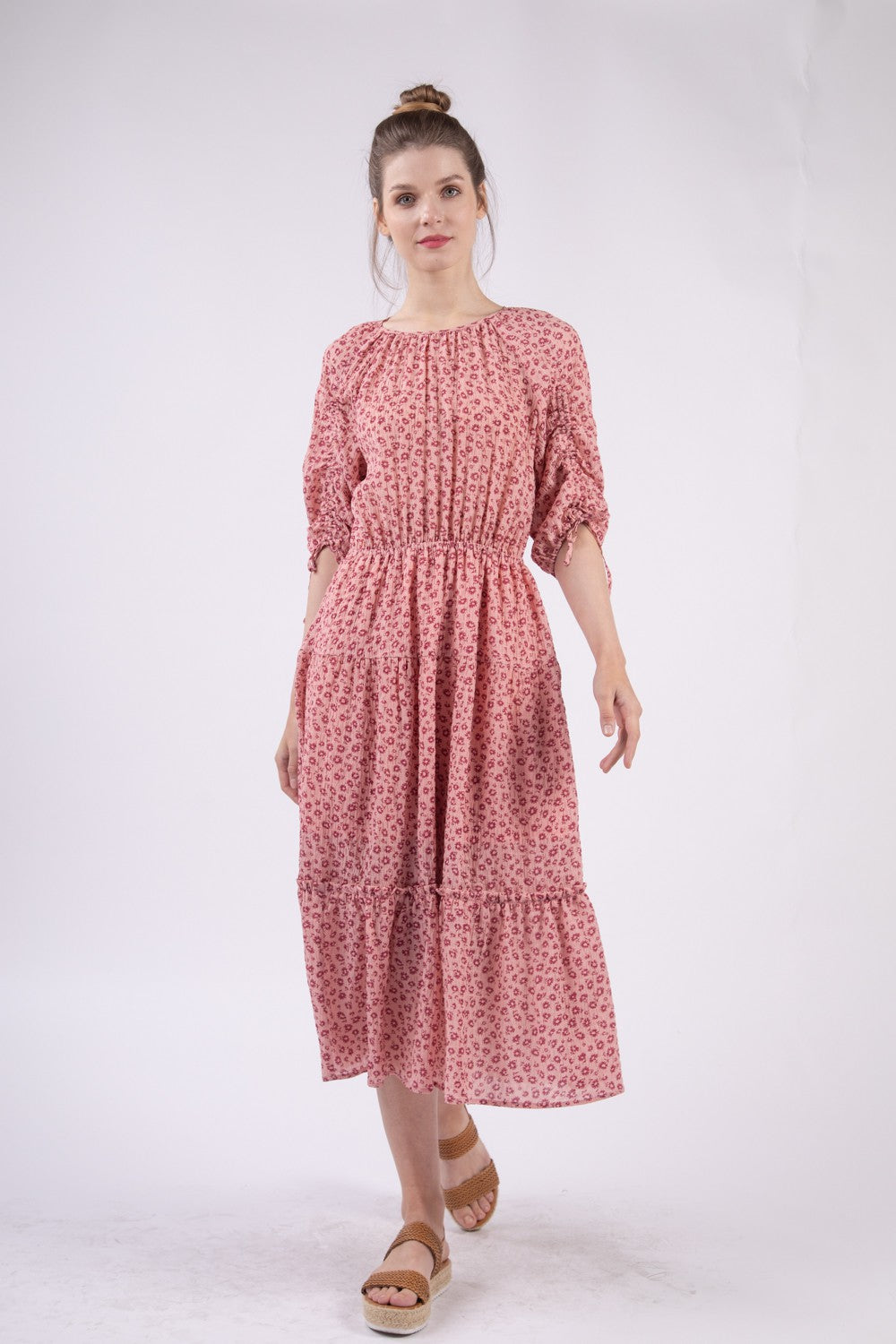 VERY J Floral Round Neck Tiered Midi Dress-TOPS / DRESSES-[Adult]-[Female]-2022 Online Blue Zone Planet