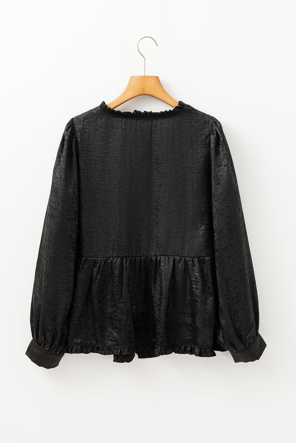 Blue Zone Planet | Black Metallic Frilled V Neck Puff Sleeve Babydoll Blouse-Tops/Blouses & Shirts-[Adult]-[Female]-2022 Online Blue Zone Planet