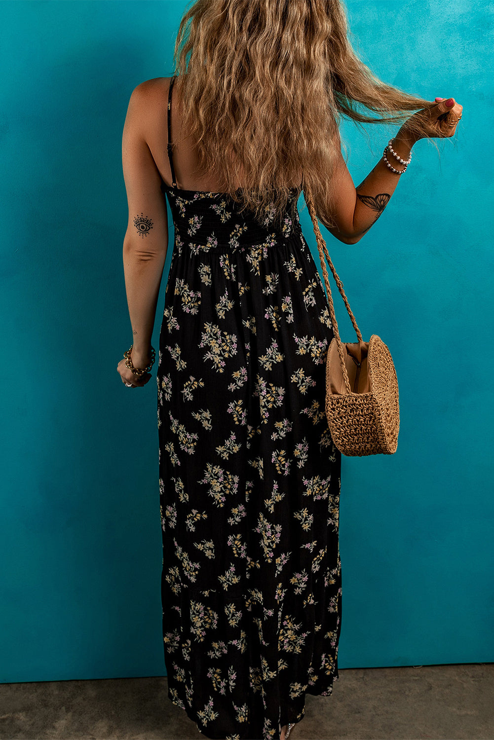 Black Floral Spaghetti Strap Shirred Bodice Tied Empire Waist Maxi Dress-TOPS / DRESSES-[Adult]-[Female]-2022 Online Blue Zone Planet