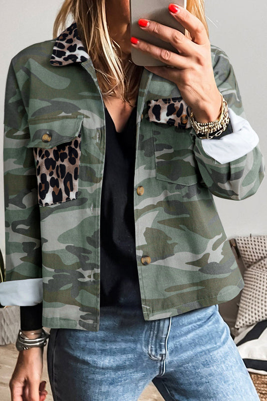 Green Camo Leopard Patchwork Flap Pocket Crop Jacket-Outerwear/Jackets-[Adult]-[Female]-2022 Online Blue Zone Planet