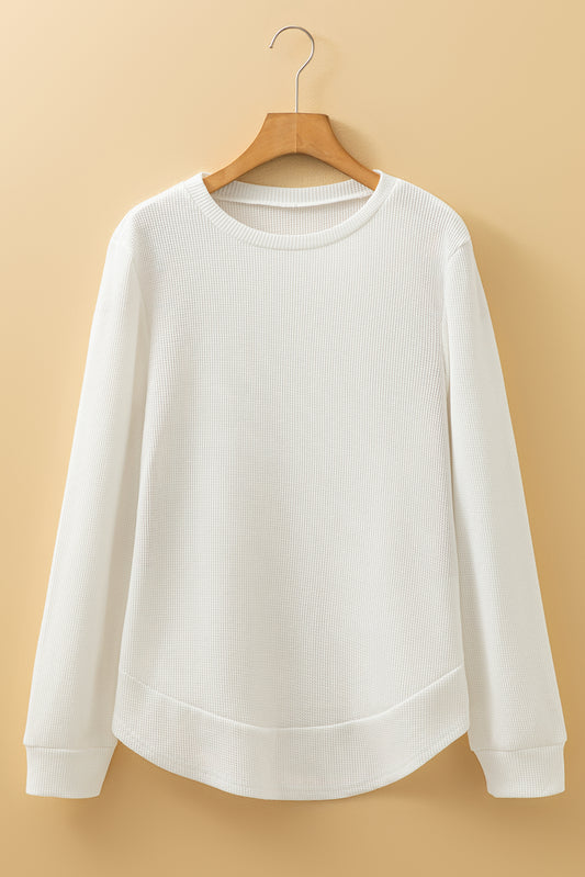 White Rounded Hem Waffle Long Sleeve Top-Tops/Long Sleeve Tops-[Adult]-[Female]-White-S-2022 Online Blue Zone Planet