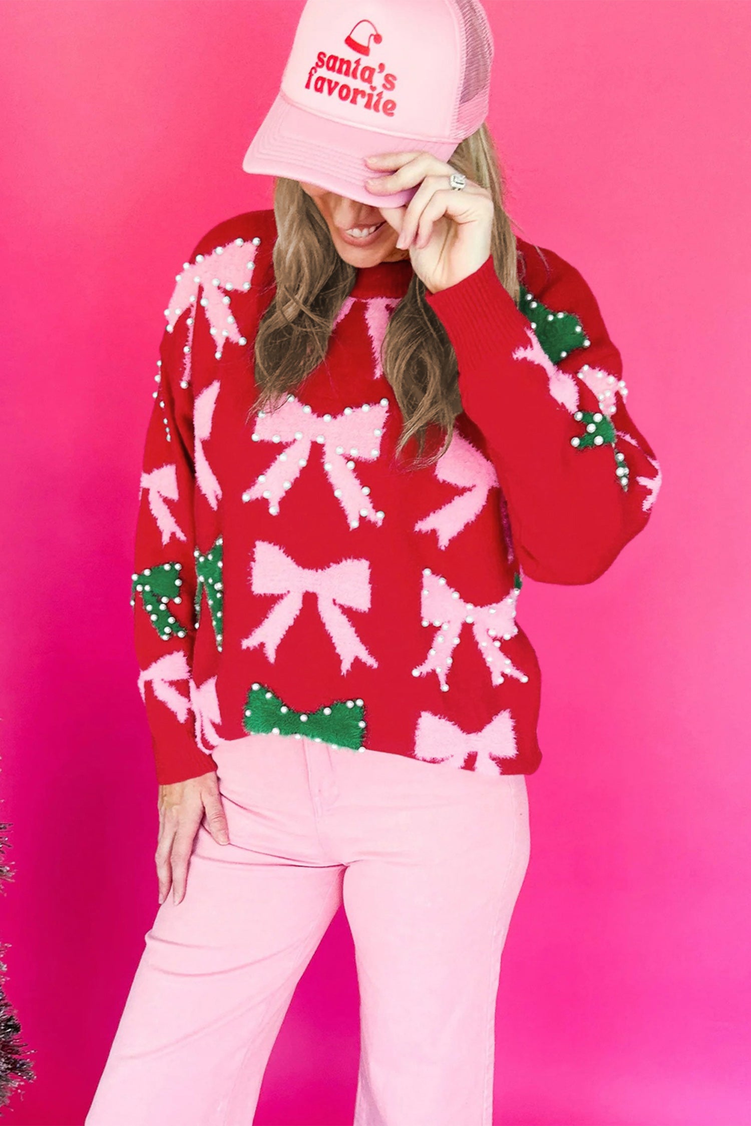 Fiery Red Bow Pearl Embellished Christmas Holiday Sweater-TOPS / DRESSES-[Adult]-[Female]-2022 Online Blue Zone Planet