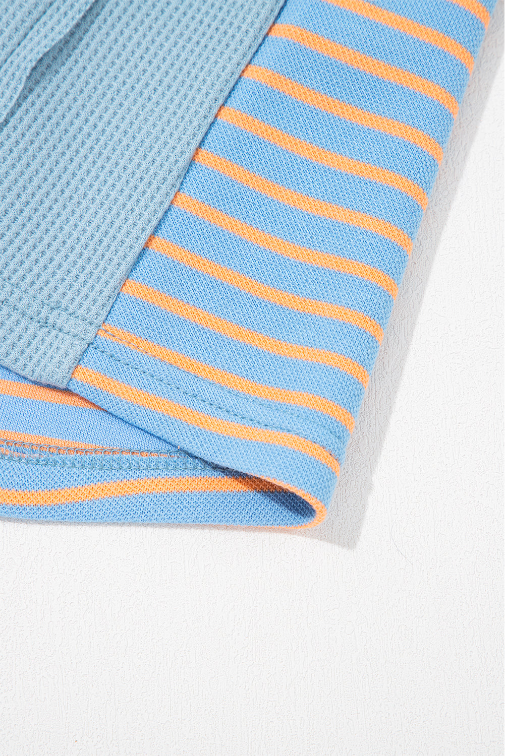 Dusk Blue Exposed Seam Waffle Striped Patchwork Baggy Pullover-Tops/Long Sleeve Tops-[Adult]-[Female]-2022 Online Blue Zone Planet