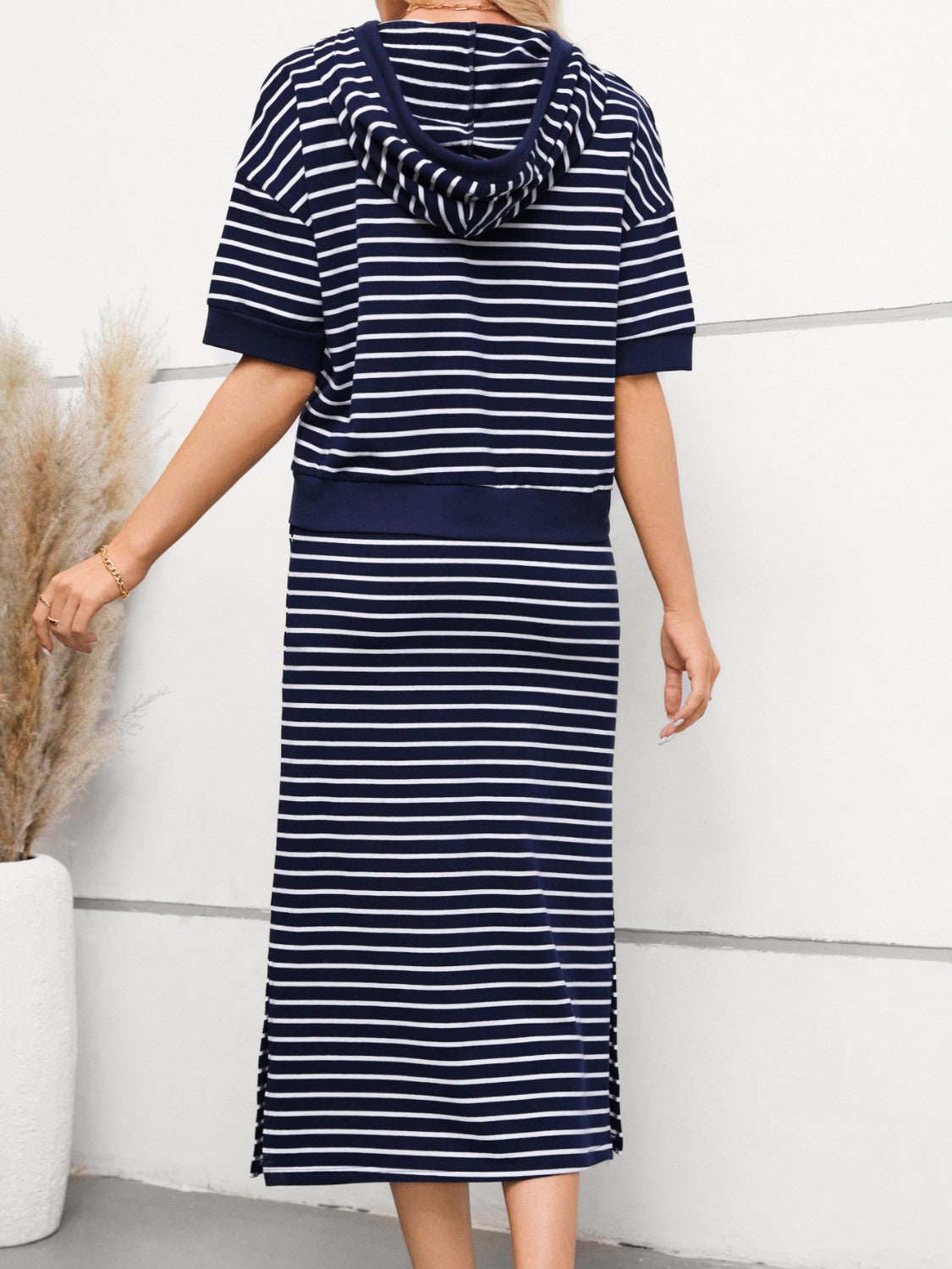 Drawstring Striped Short Sleeve Hooded Top and Skirt Set-TOPS / DRESSES-[Adult]-[Female]-2022 Online Blue Zone Planet