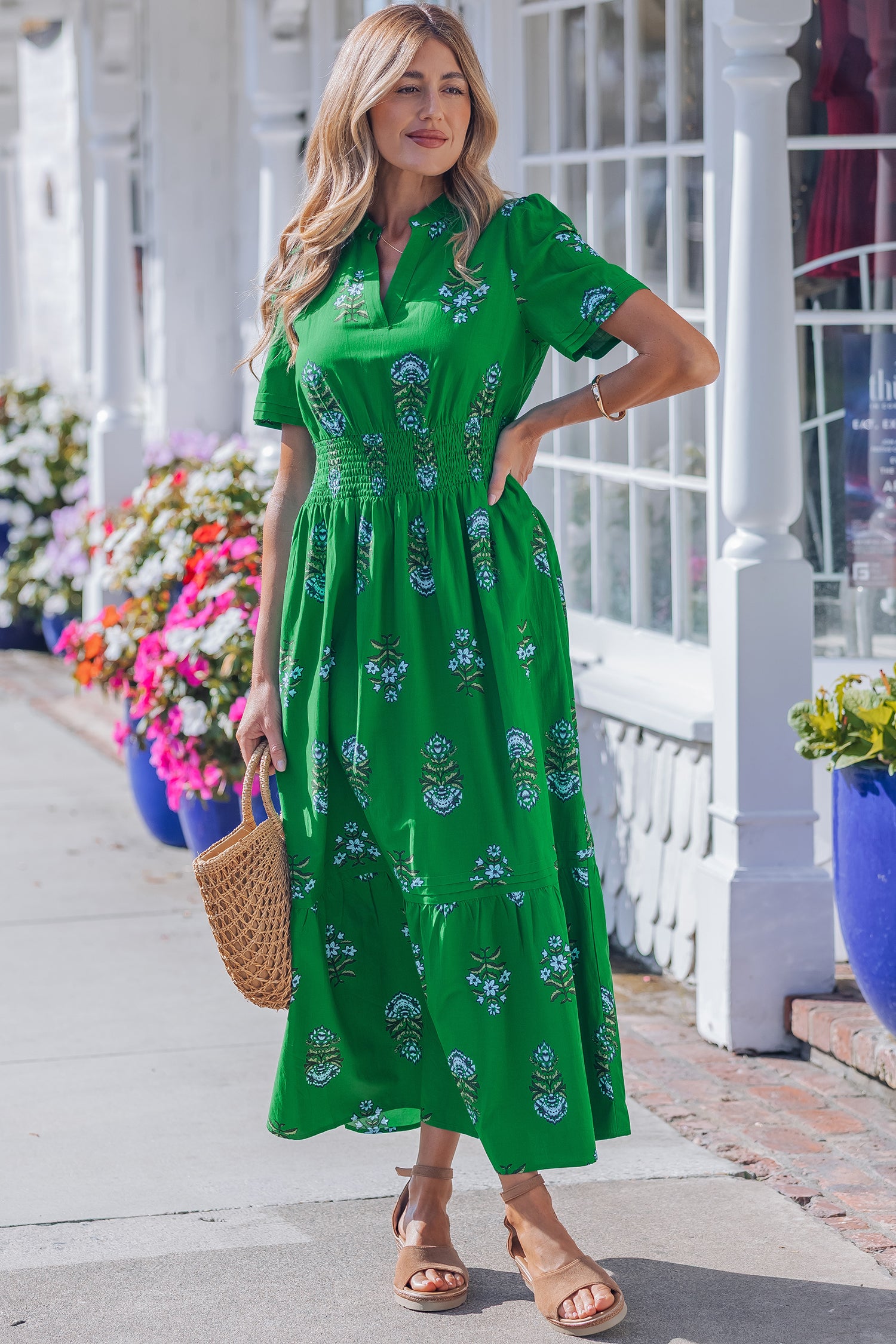Green Floral Print Split Neck Shirred High Waist Ruffle Hem Maxi Dress-TOPS / DRESSES-[Adult]-[Female]-2022 Online Blue Zone Planet