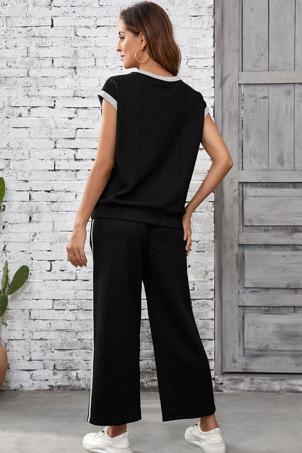 Black Cable Knit Contrast Trim Short Sleeve Top and Pants Set-Two Piece Sets/Pant Sets-[Adult]-[Female]-2022 Online Blue Zone Planet