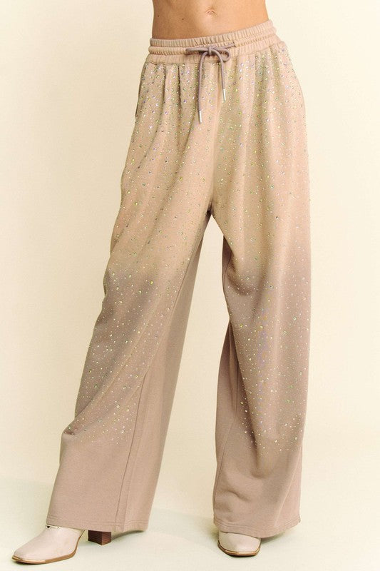 Davi & Dani Rhinestone Drawstring Wide Leg Pants-BOTTOM SIZES SMALL MEDIUM LARGE-[Adult]-[Female]-Tan-S-2022 Online Blue Zone Planet