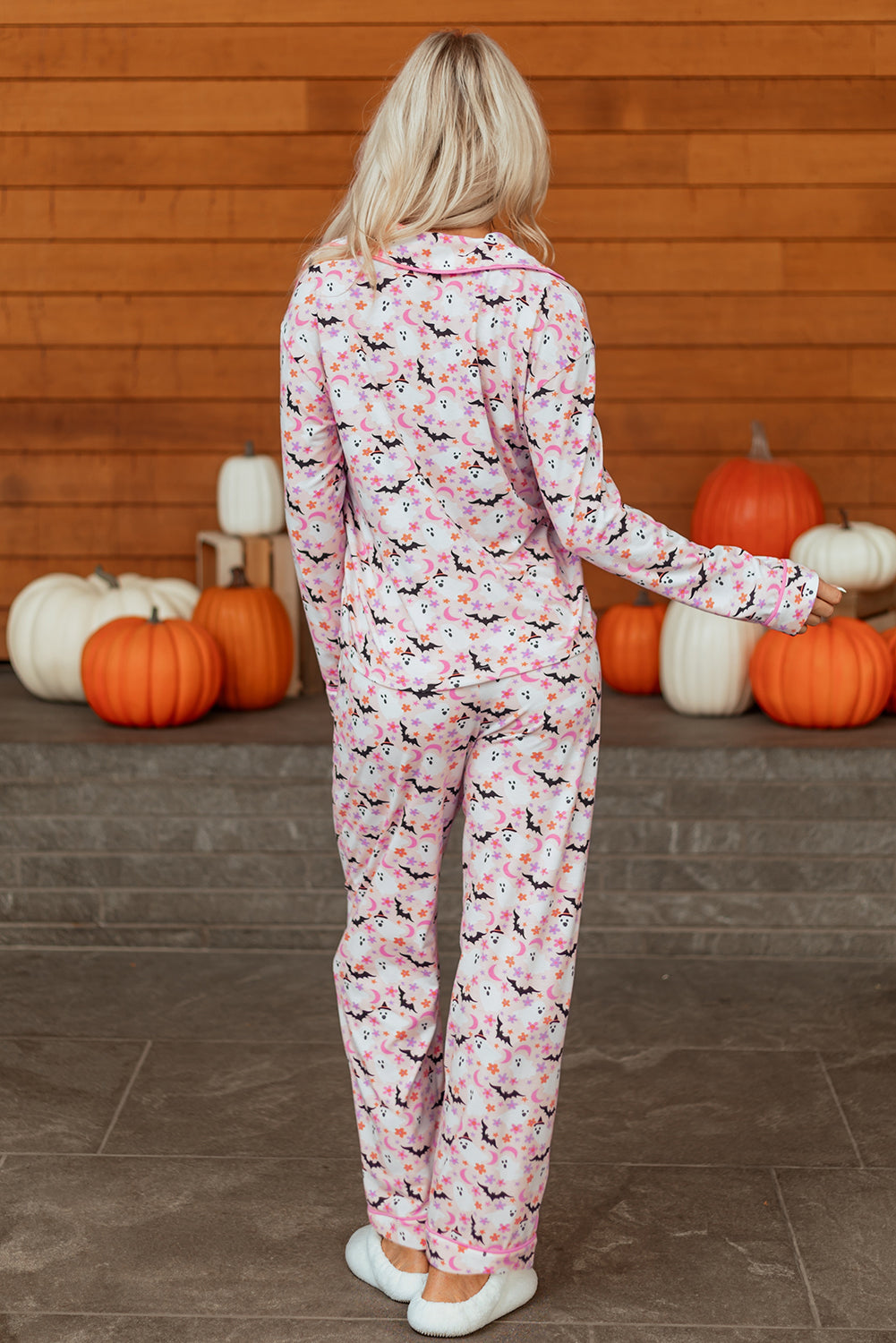 Pink Halloween Eve Haunted Honey Bat Print Pajama Set-Loungewear & Sleepwear/Sleepwear-[Adult]-[Female]-2022 Online Blue Zone Planet
