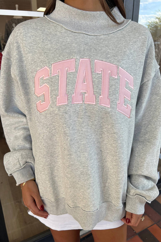 Light Grey Exposed Seam Mock Neck Letter Embroidered Loose Sweatshirt-Tops/Sweatshirts & Hoodies-[Adult]-[Female]-2022 Online Blue Zone Planet