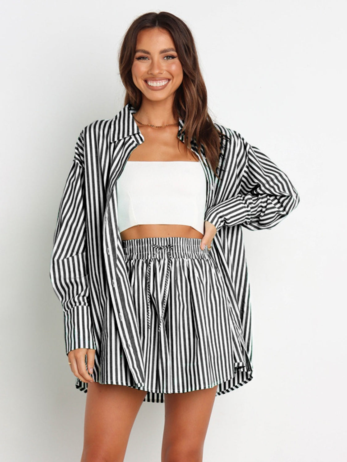 Blue Zone Planet | Striped Dropped Shoulder Shirt and Shorts Set-TOPS / DRESSES-[Adult]-[Female]-Black-S-2022 Online Blue Zone Planet