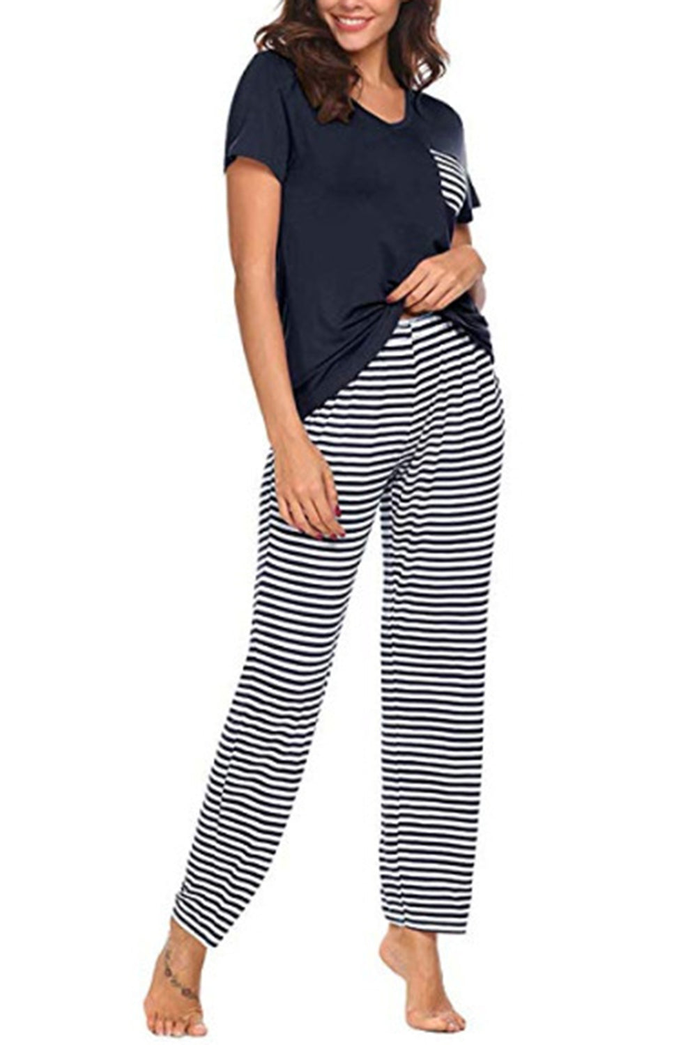 Pocketed Short Sleeve Top and Striped Pants Lounge Set-TOPS / DRESSES-[Adult]-[Female]-2022 Online Blue Zone Planet