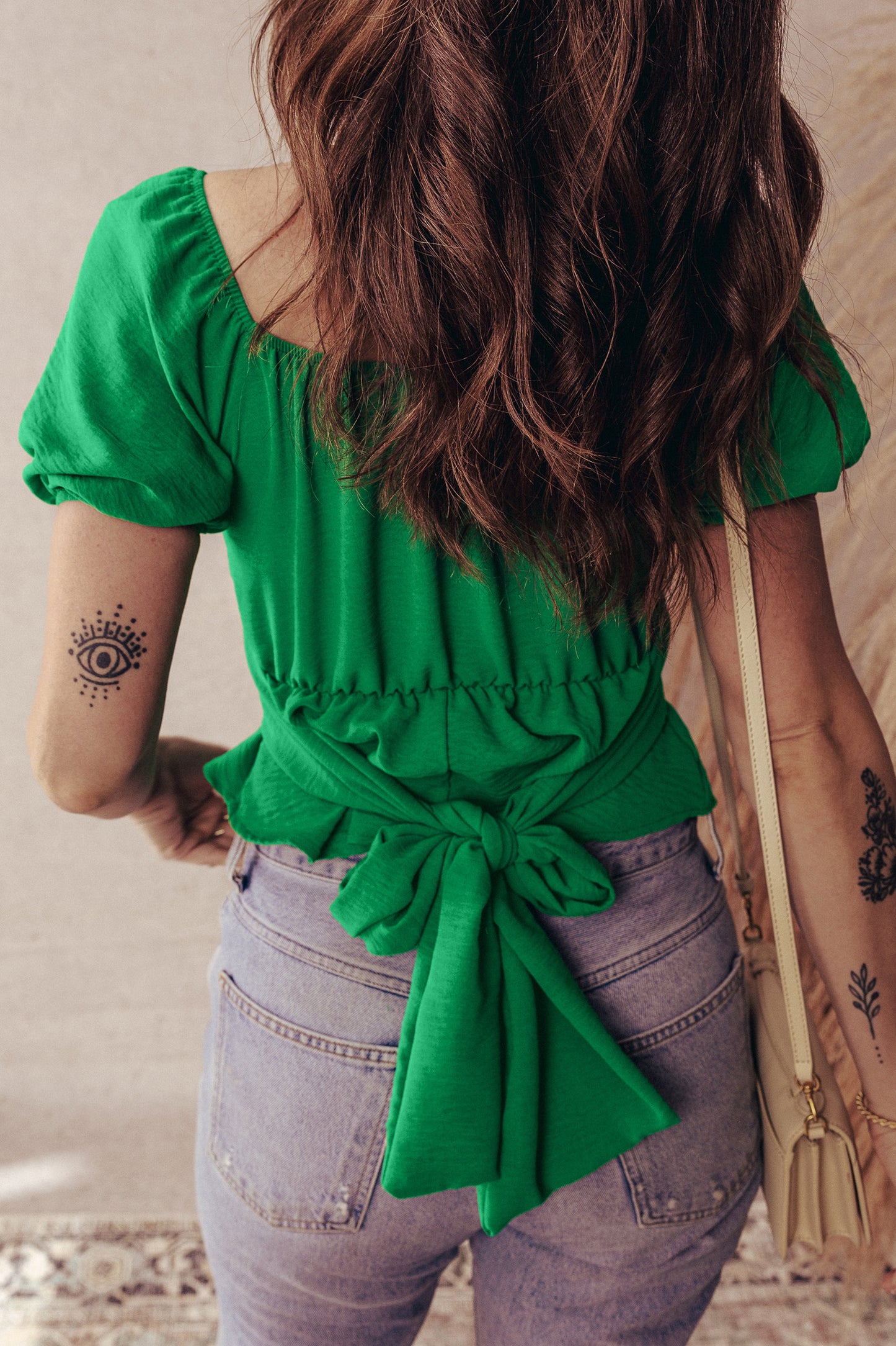 Dark Green Solid Color Ruched Crossed Waist Tied Back Short Sleeve Peplum Top-Tops/Blouses & Shirts-[Adult]-[Female]-2022 Online Blue Zone Planet