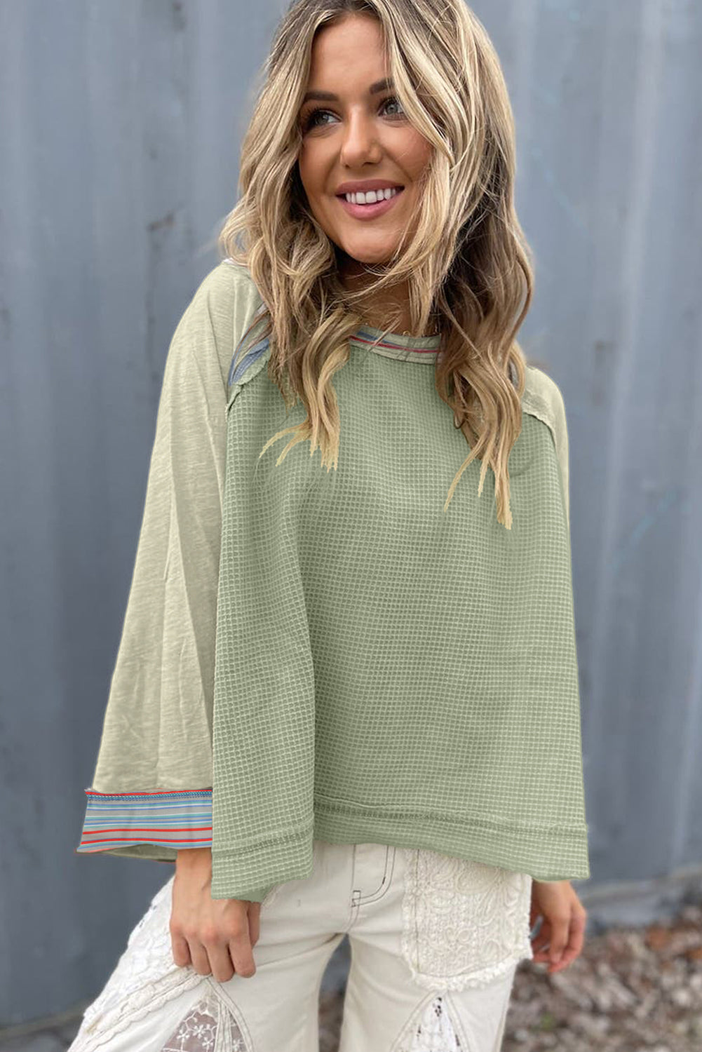 Blue Zone Planet | Meadow Mist Green Waffle Knit Wide Bracelet Sleeve Patchwork Raglan Top-Tops/Long Sleeve Tops-[Adult]-[Female]-2022 Online Blue Zone Planet