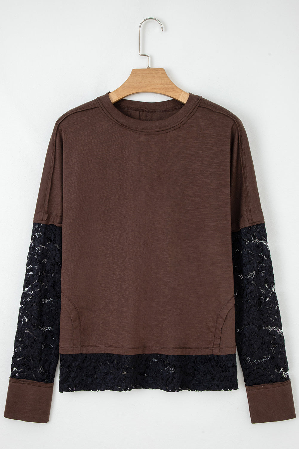 Dark Brown Sheer Lace Patchwork Casual Long Sleeve Tee-Tops/Long Sleeve Tops-[Adult]-[Female]-2022 Online Blue Zone Planet