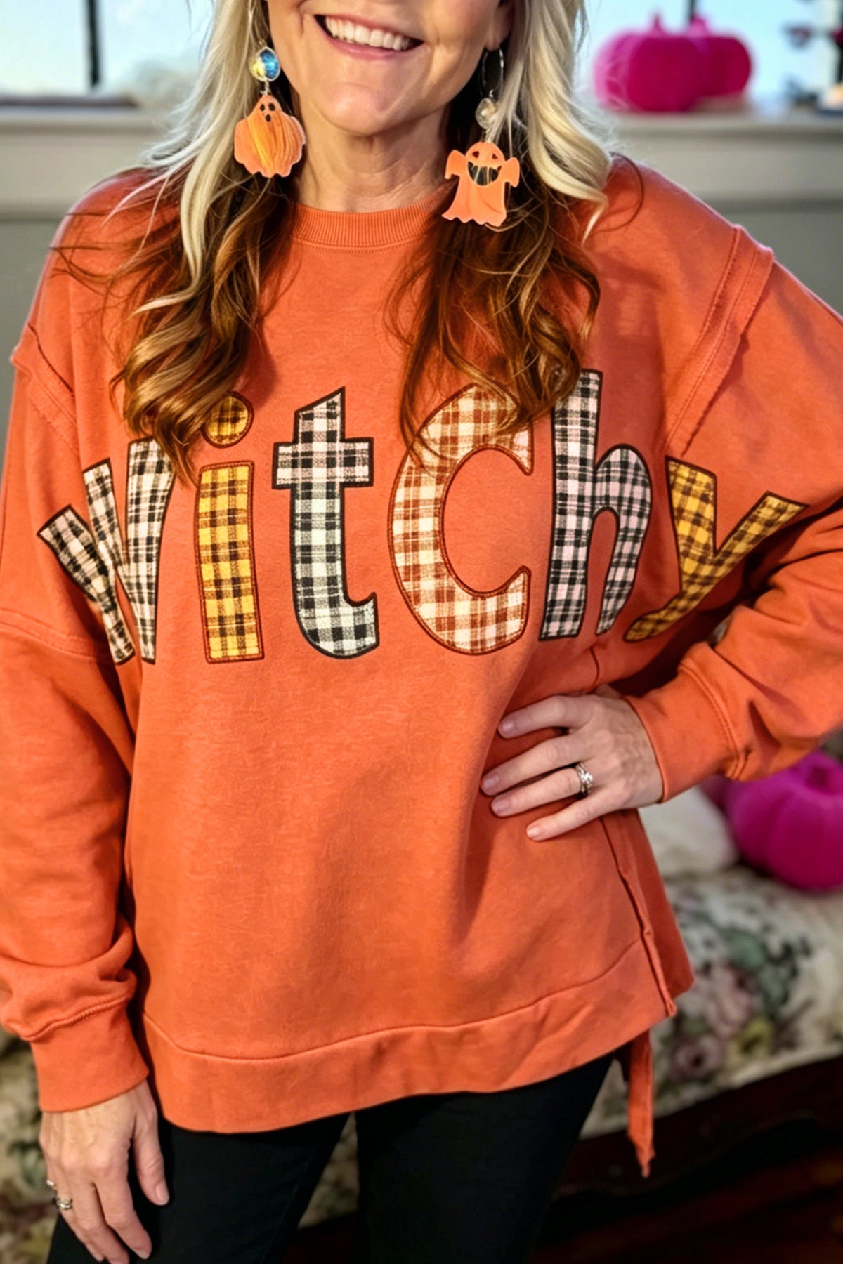 Flamingo Halloween Witchy Plaid Slogan Embroidered Patch Tunic Sweatshirt-Tops/Long Sleeve Tops-[Adult]-[Female]-2022 Online Blue Zone Planet