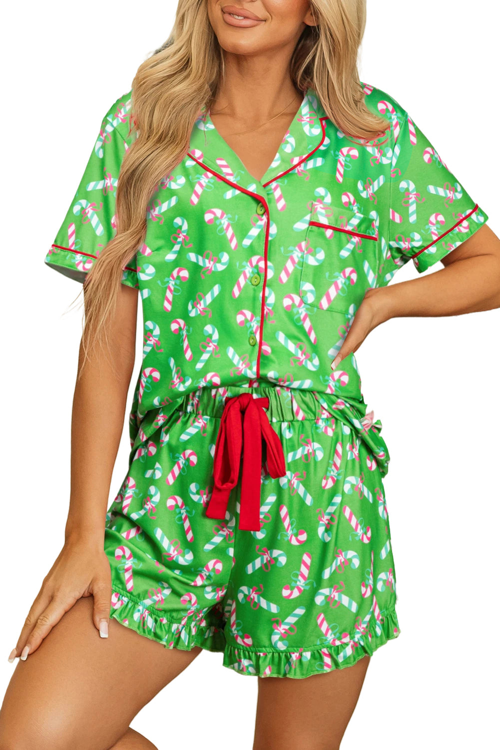 Red Christmas Candy Cane Print Pajama Set-Loungewear Set-[Adult]-[Female]-2022 Online Blue Zone Planet