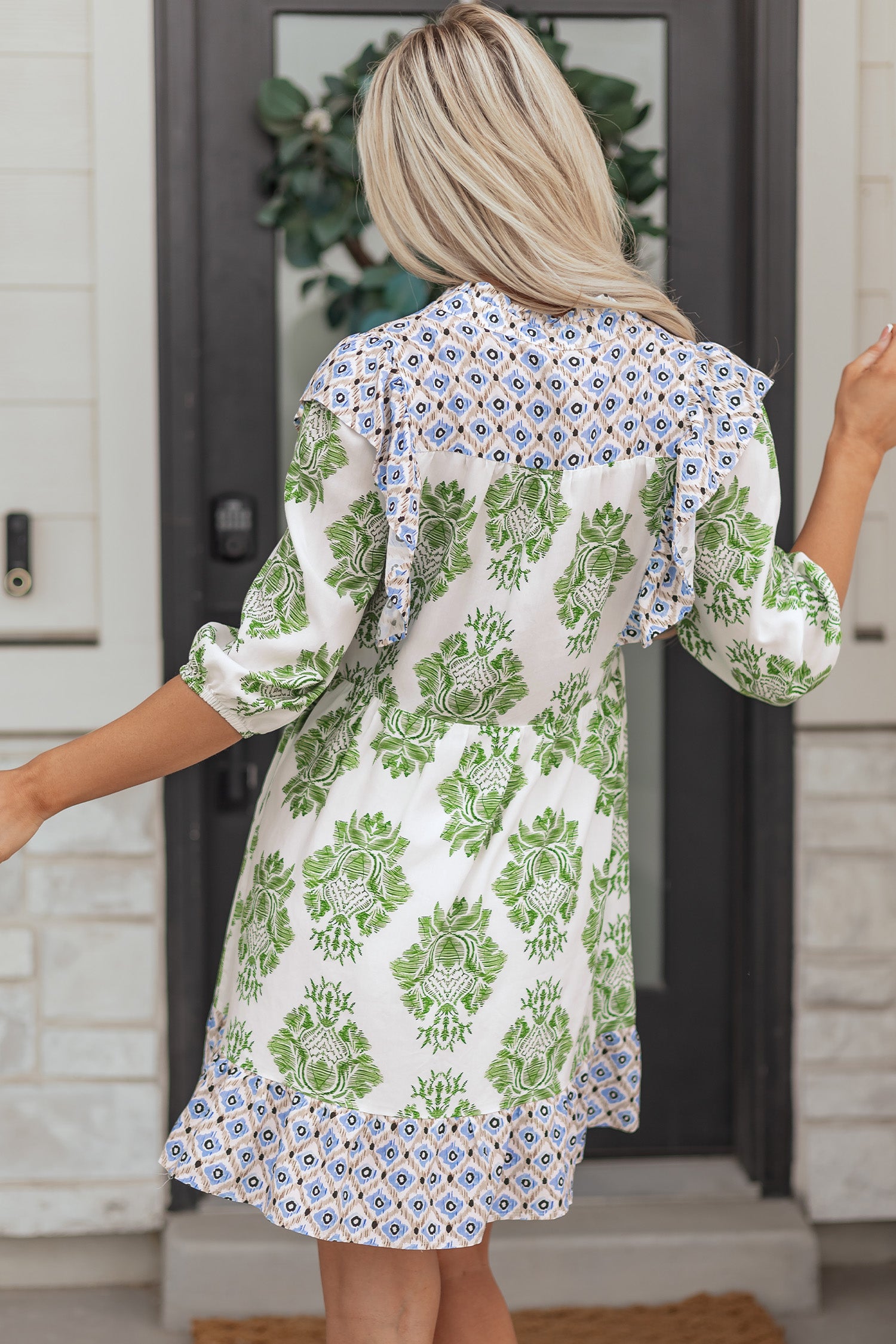 Green Floral Print Contrast Patchwork Ruffle Detail Mini Dress-TOPS / DRESSES-[Adult]-[Female]-2022 Online Blue Zone Planet