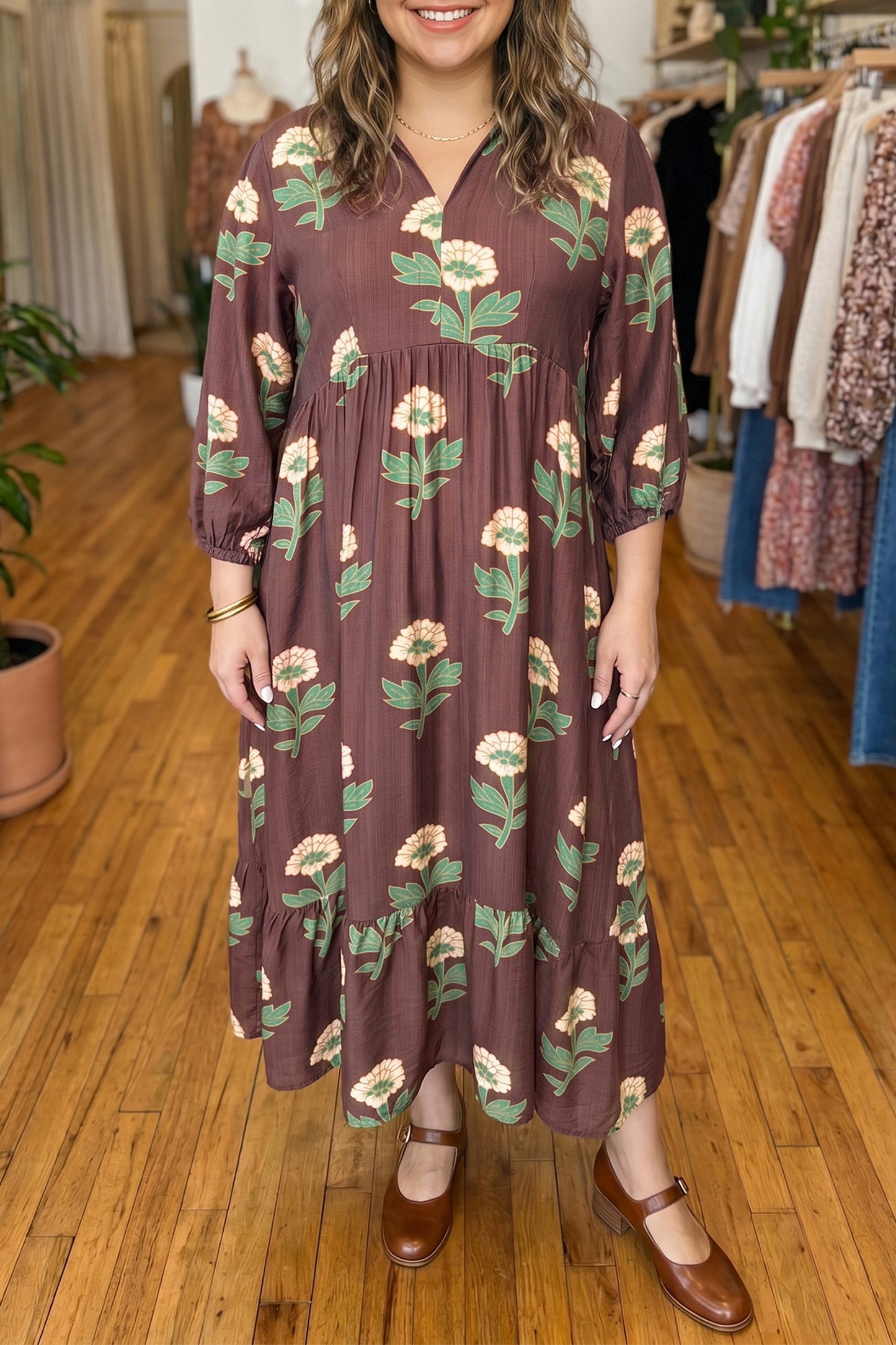 Brown Floral Print V-Neck Long Sleeve Loose Shift Plus Size Dress-Plus Size/Plus Size Dresses/Plus Size Maxi Dresses-[Adult]-[Female]-Brown-1X-2022 Online Blue Zone Planet