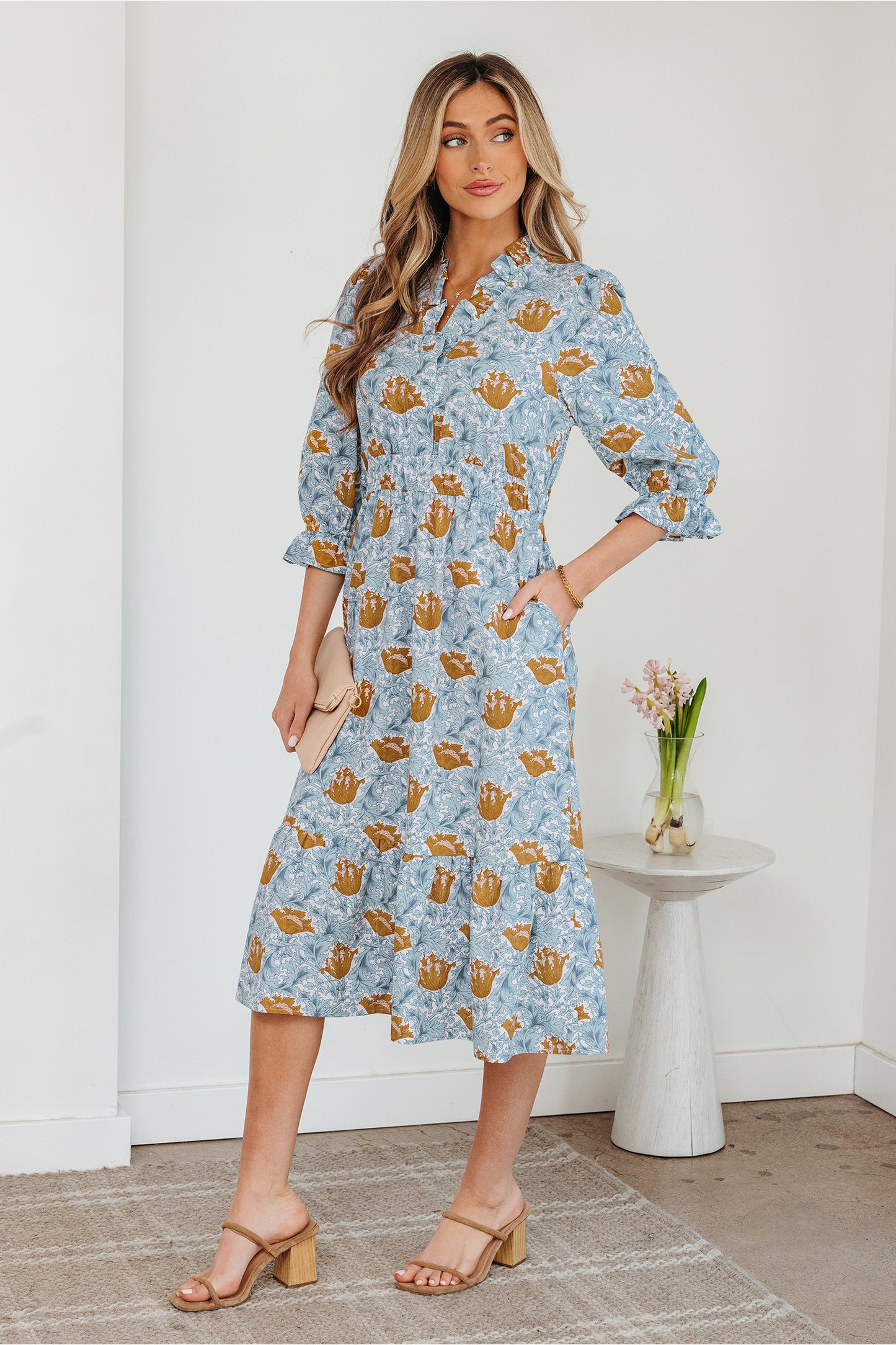 Brown Floral Printed Frilled V Neck Bracelet Sleeve Long Dress-Bracelet-[Adult]-[Female]-2022 Online Blue Zone Planet