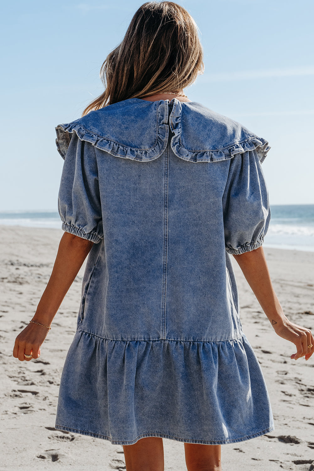 Blue Zone Planet | Dusk Blue Ruffled Collared Side Pockets Puff Sleeve Denim Mini Dress-TOPS / DRESSES-[Adult]-[Female]-2022 Online Blue Zone Planet
