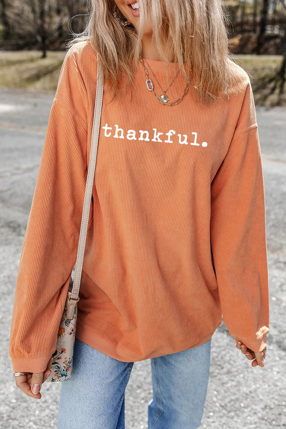 THANKFUL Round Neck Long Sleeve Sweatshirt-TOPS / DRESSES-[Adult]-[Female]-Orange-S-2022 Online Blue Zone Planet