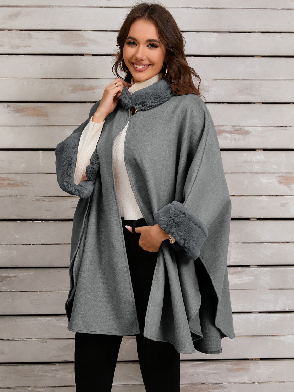 Fuzzy Trim Long Sleeve Poncho-TOPS / DRESSES-[Adult]-[Female]-Gray-One Size-2022 Online Blue Zone Planet