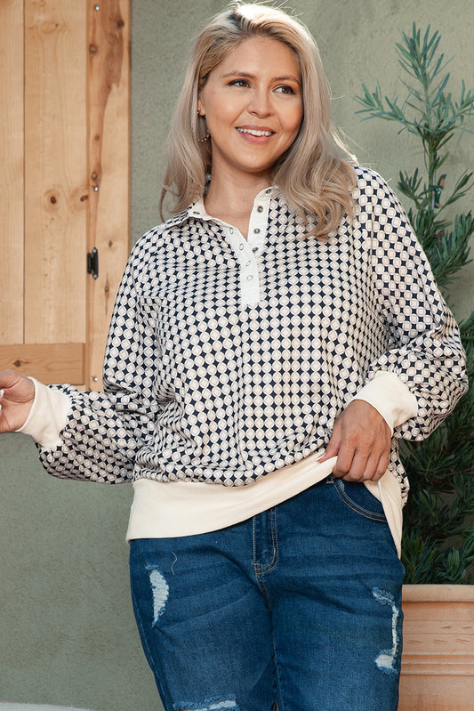 Black Plus Size Two Tone Contrast Collared Pullover Sweatshirt-Plus Size/Plus Size Sweatshirts & Hoodies-[Adult]-[Female]-Black-1X-2022 Online Blue Zone Planet