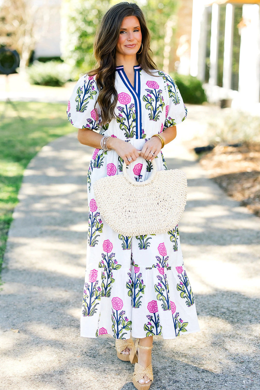 White Floral Puff Short Sleeve V Neck High Waist Maxi Dress-TOPS / DRESSES-[Adult]-[Female]-2022 Online Blue Zone Planet