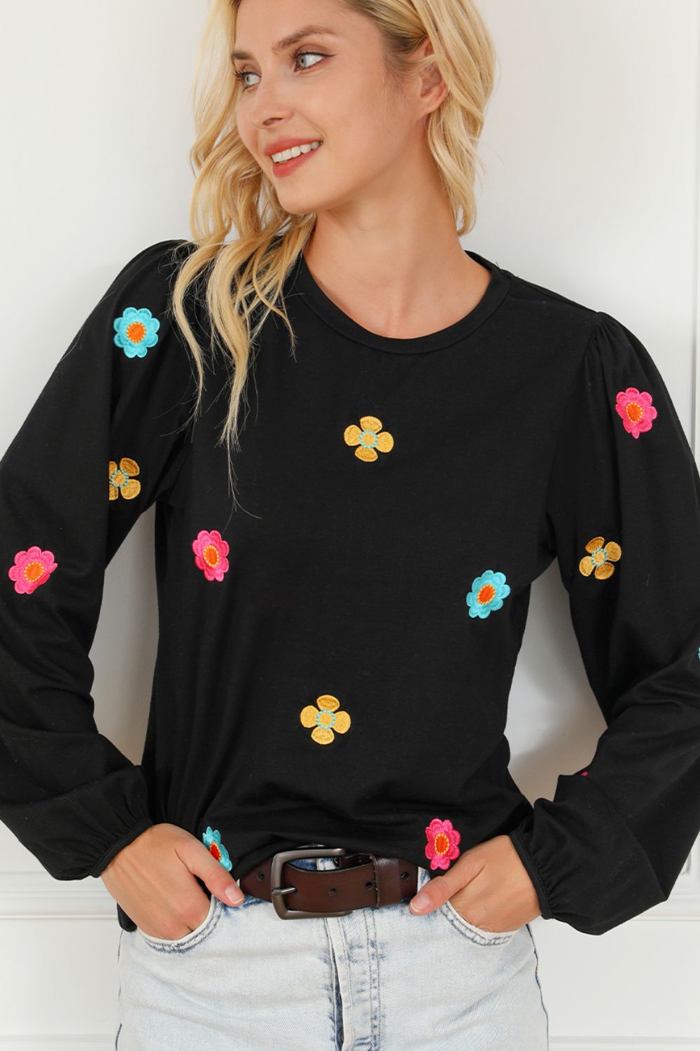 Flower Round Neck Long Sleeve Sweater-TOPS / DRESSES-[Adult]-[Female]-2022 Online Blue Zone Planet