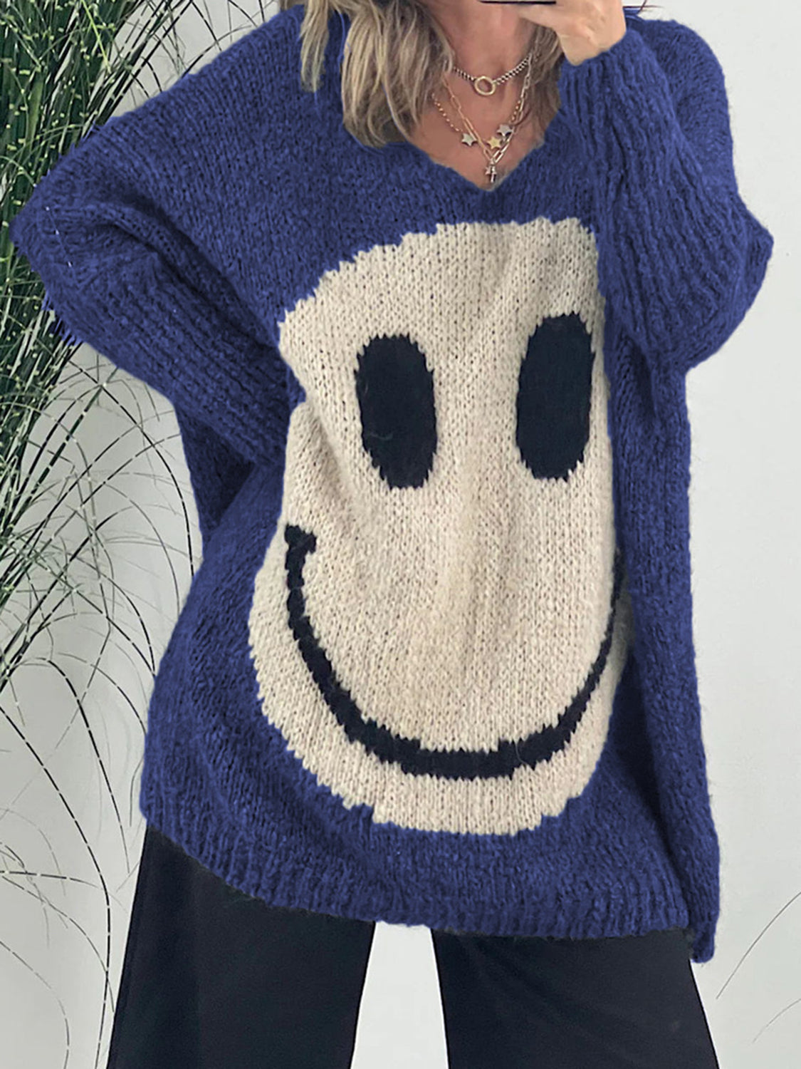 Smiling Face V-Neck Long Sleeve Sweater-TOPS / DRESSES-[Adult]-[Female]-Royal Blue-S /M-2022 Online Blue Zone Planet