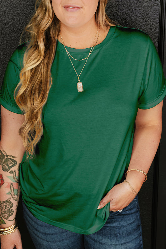 Dark Green Round Neck Rolled Sleeve Plus Size T-shirt-Plus Size/Plus Size Tops/Plus Size Tops & Tees-[Adult]-[Female]-Dark Green-1X-2022 Online Blue Zone Planet
