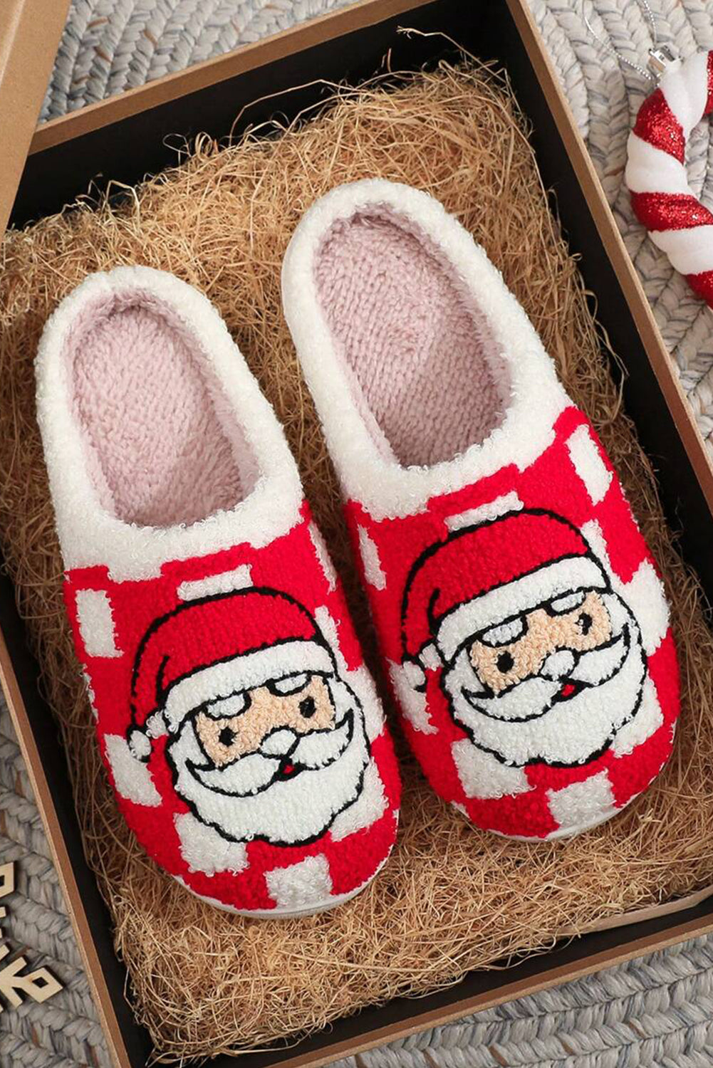 Blue Zone Planet | Fiery Red Checkered Santa Claus Graphic Plush Home Slippers-Shoes & Bags/Slippers-[Adult]-[Female]-Fiery Red-37-2022 Online Blue Zone Planet