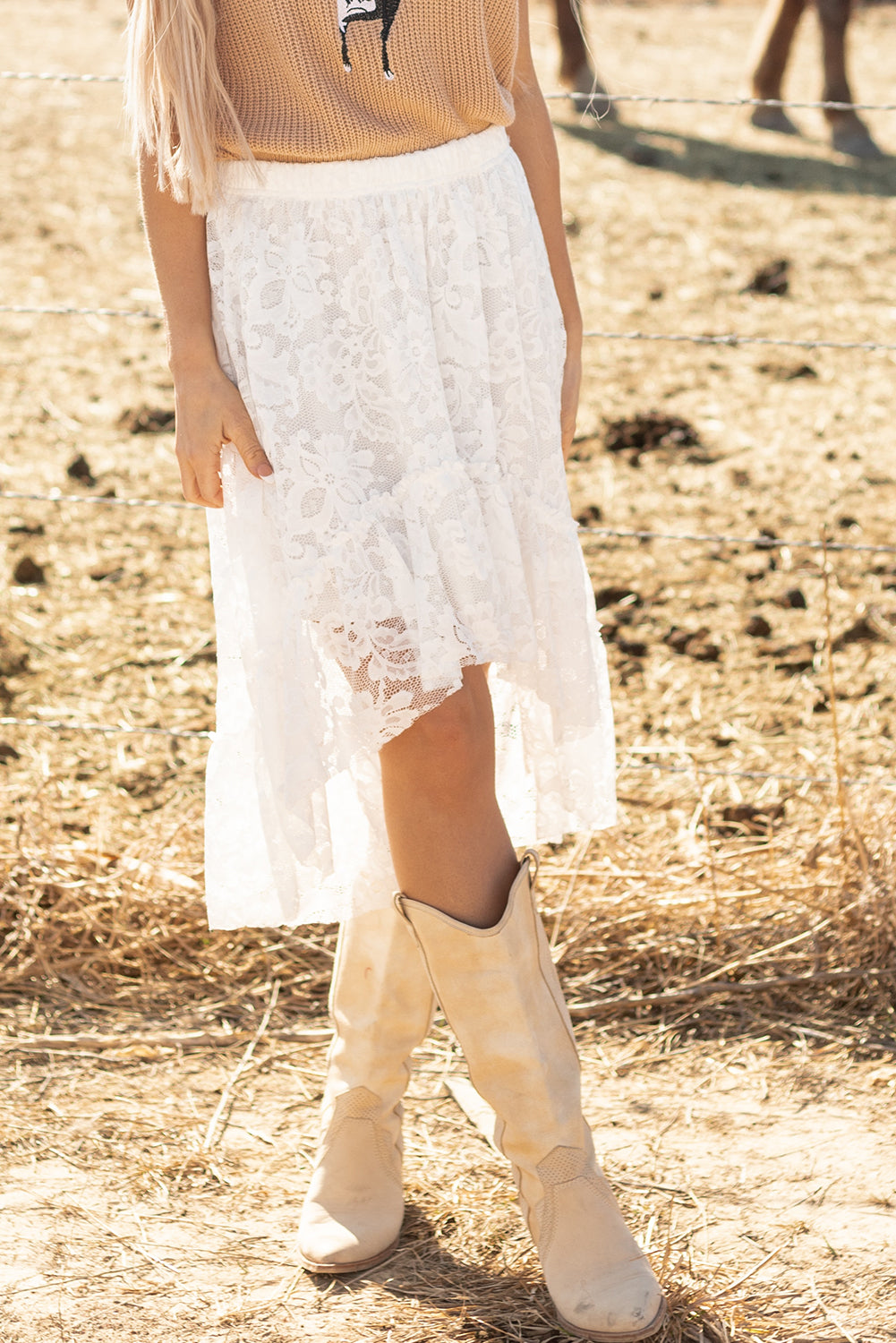 White Lace Ruffled High-low Hem Midi Skirt-Bottoms/Skirts & Petticoat-[Adult]-[Female]-2022 Online Blue Zone Planet