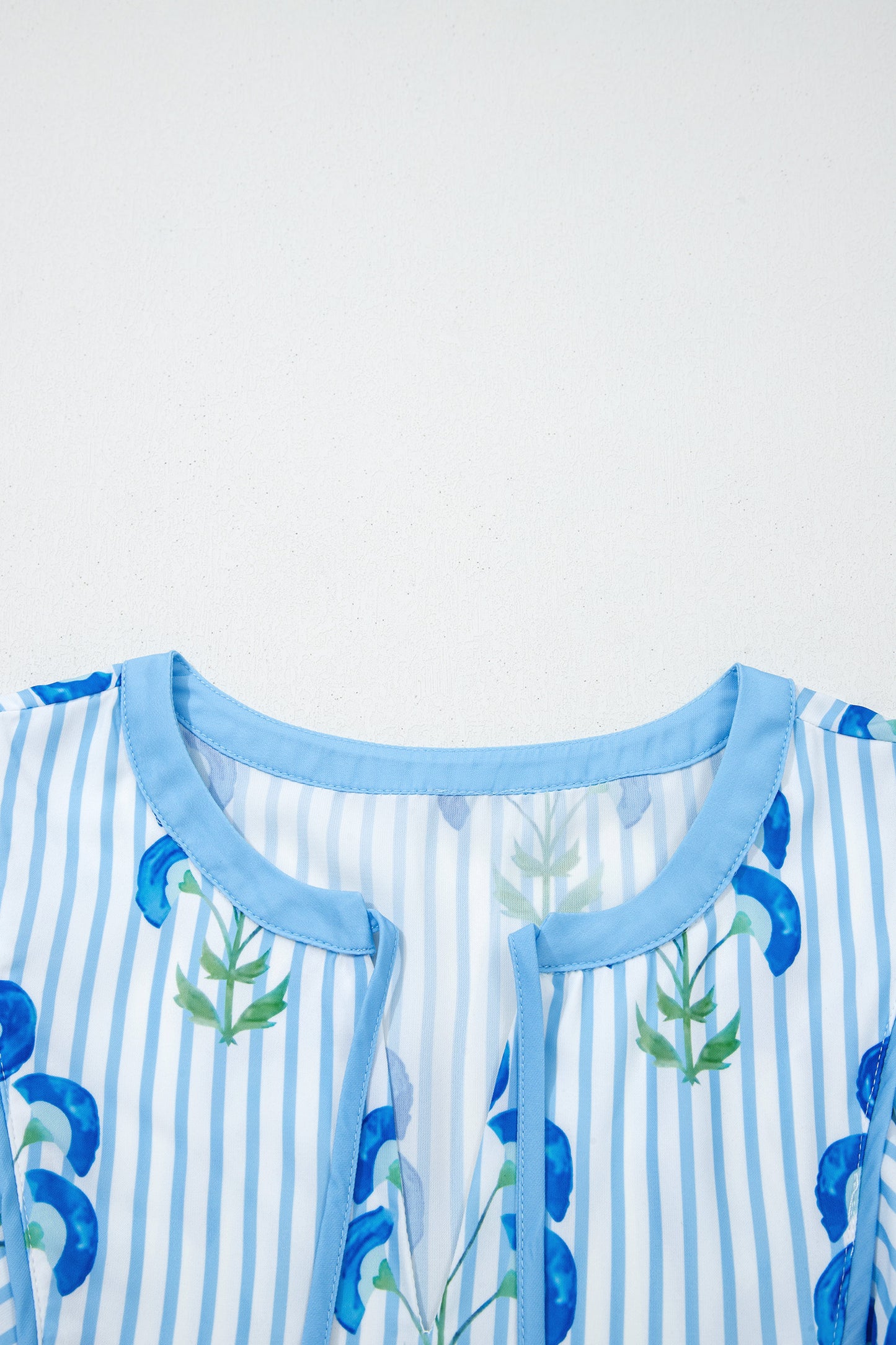 Sky Blue Floral Striped Print Tie Notched Neck Puff Sleeve Flared Mini Dress-TOPS / DRESSES-[Adult]-[Female]-2022 Online Blue Zone Planet