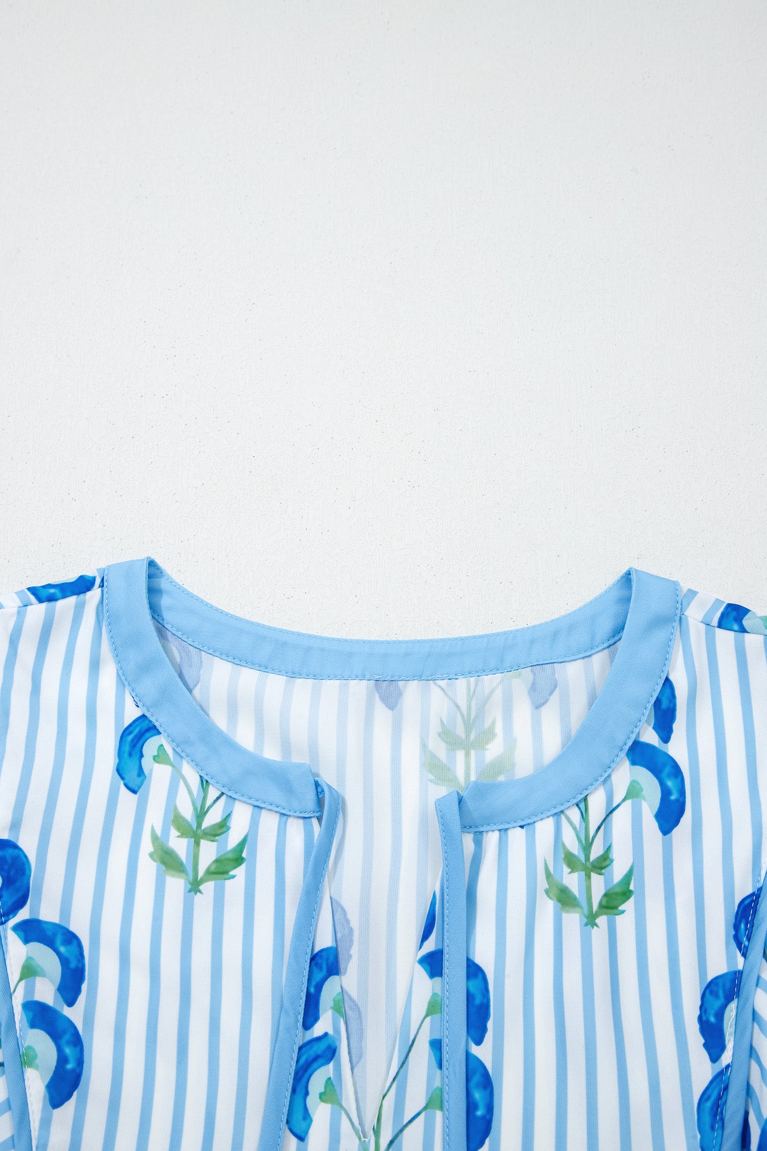 Sky Blue Floral Striped Print Tie Notched Neck Puff Sleeve Flared Mini Dress-TOPS / DRESSES-[Adult]-[Female]-2022 Online Blue Zone Planet