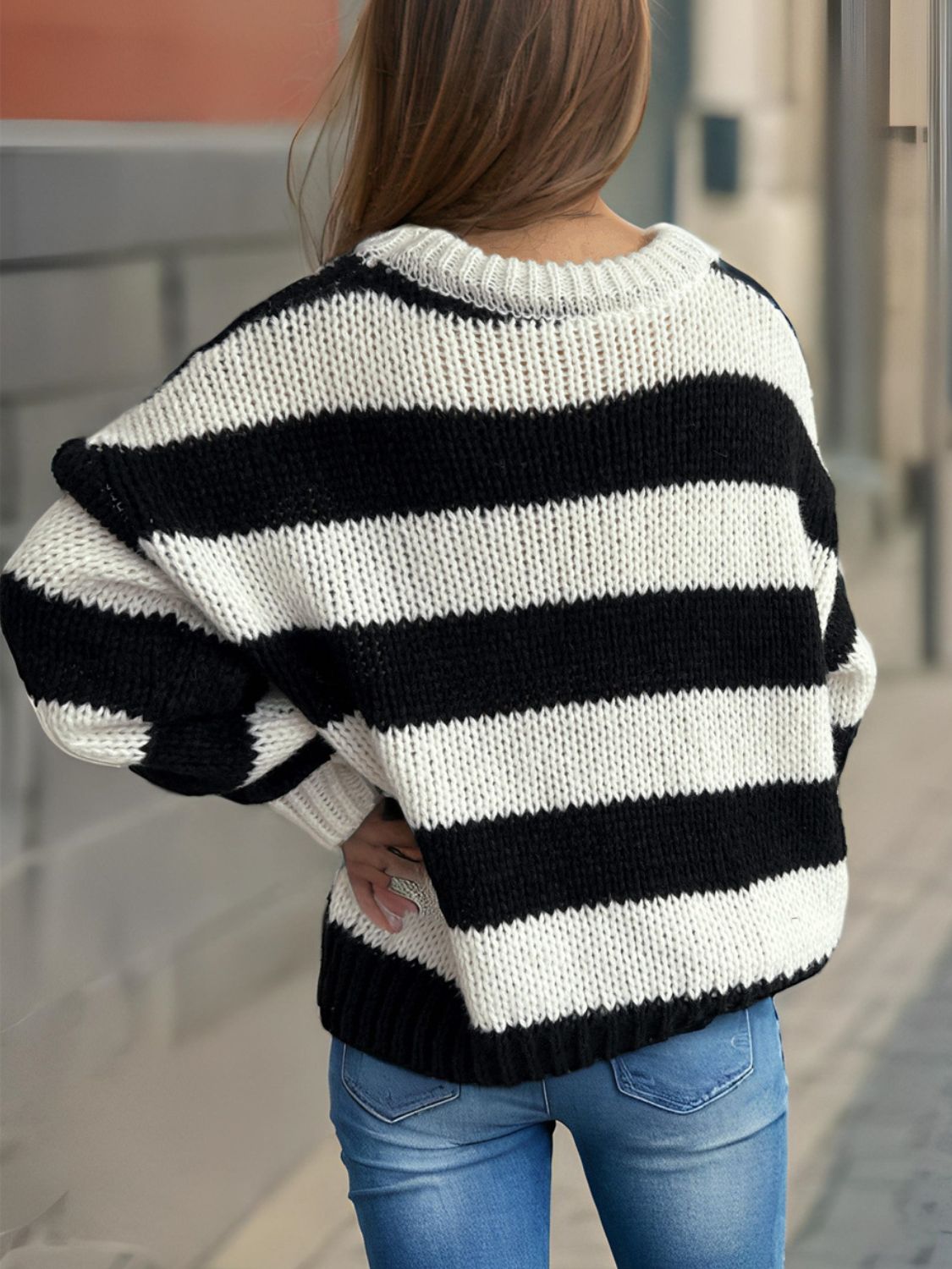 Contrast Striped Round Neck Long Sleeve Sweater-TOPS / DRESSES-[Adult]-[Female]-2022 Online Blue Zone Planet